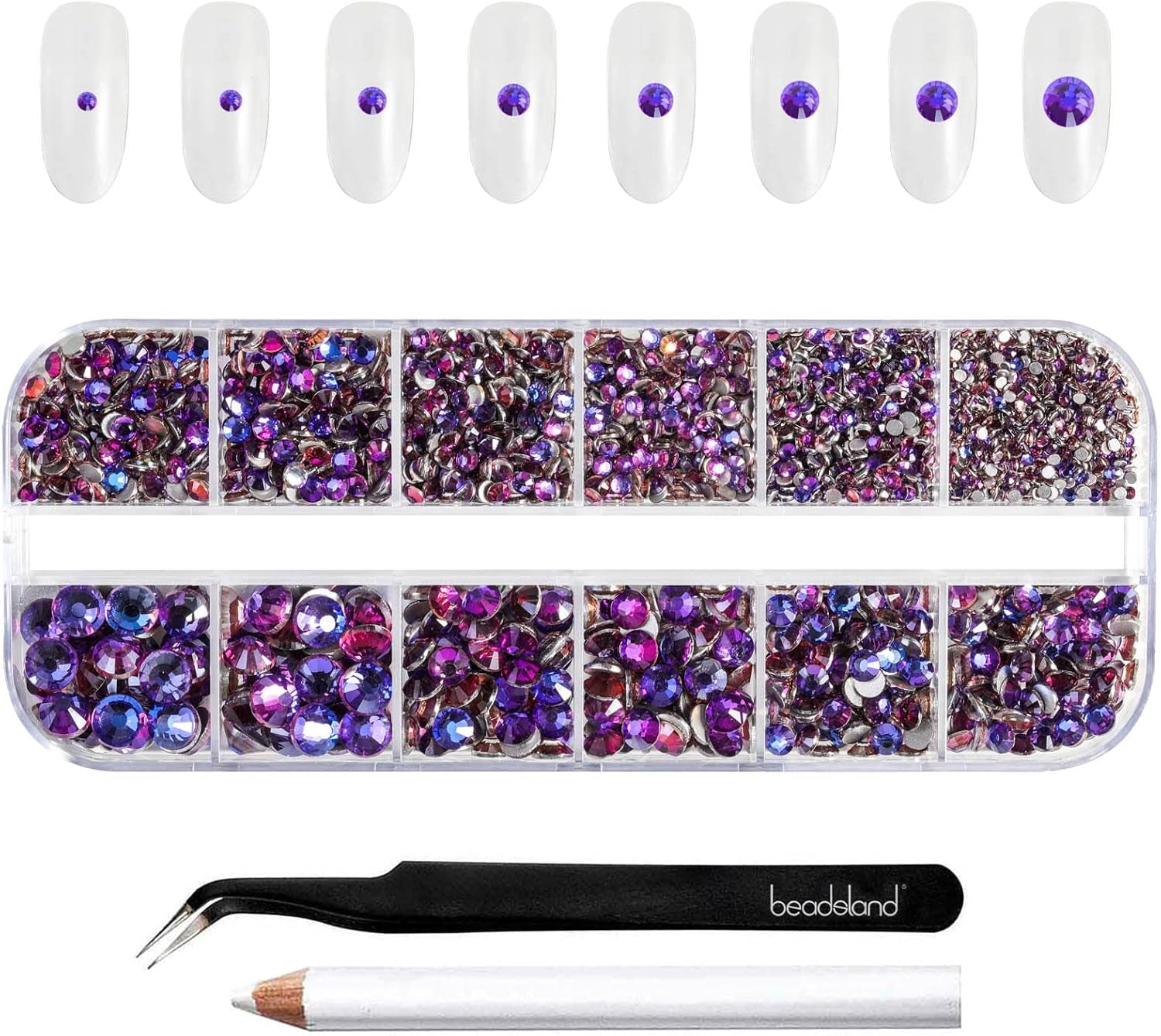 Beadsland 2500Pcs Glas Nailart Strasssteine Kristall Flatback Edelsteine Runde, ​​Für Handwerk Gemischt 8 Größen SS4 ~ SS30 Mit Picking Pinzette Und Stift (Kristall Weiss)