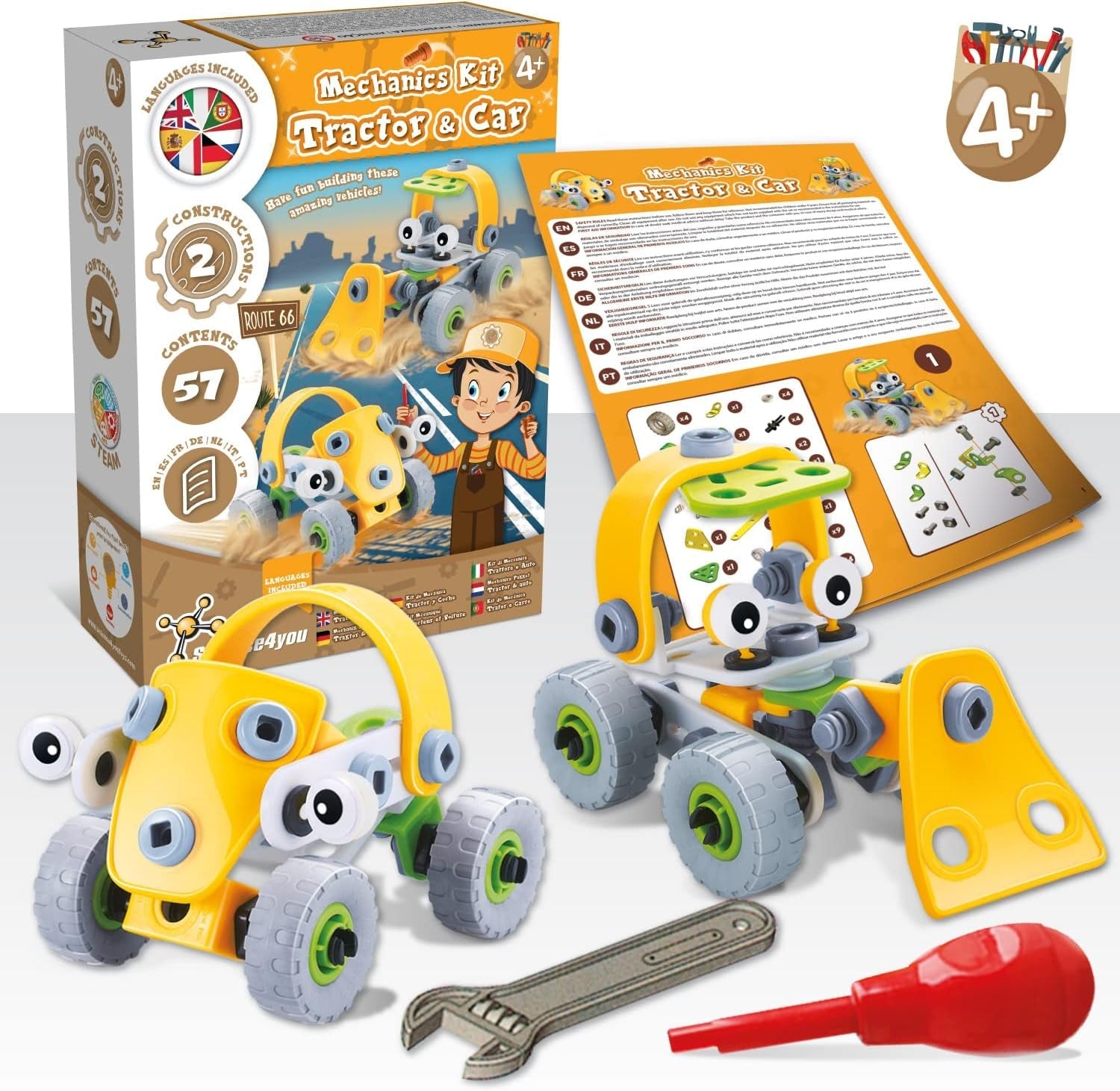 Science4you 80003542 Mechanik Baukasten ab Schraubspiel Traktor zum Schrauben und Montage Auto-Kreatives Bauset für Kinder, Pädagogisches Spielzeug 4 Jahre Junge, Large, Gelb