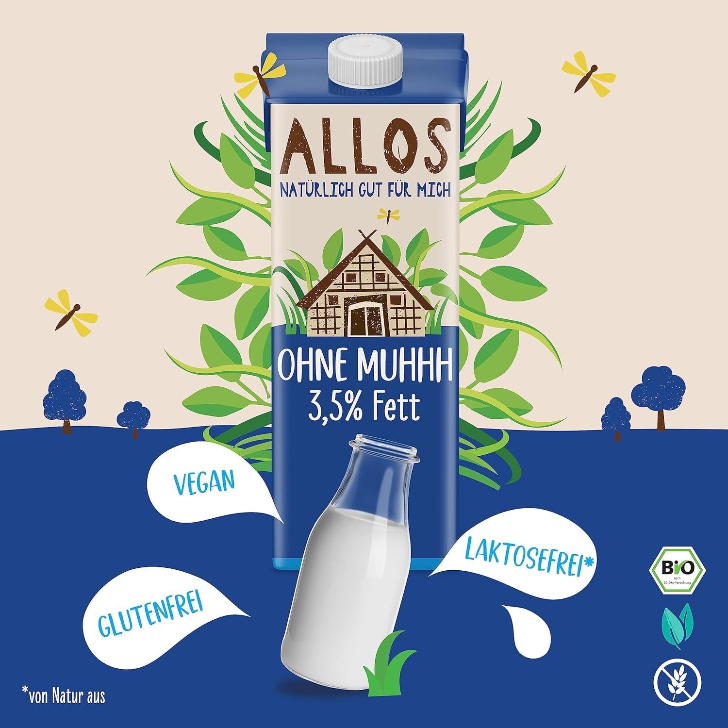 Allos Bio Ohne Muhhh 3,5% | Milchalternative | Boire à la base de Pflanzen | végétalien | schäumbar | parfait pour le café sans lactose | Sources de calcium et de vitamines | Reich une protéine | 1 litre (6 pièces)
