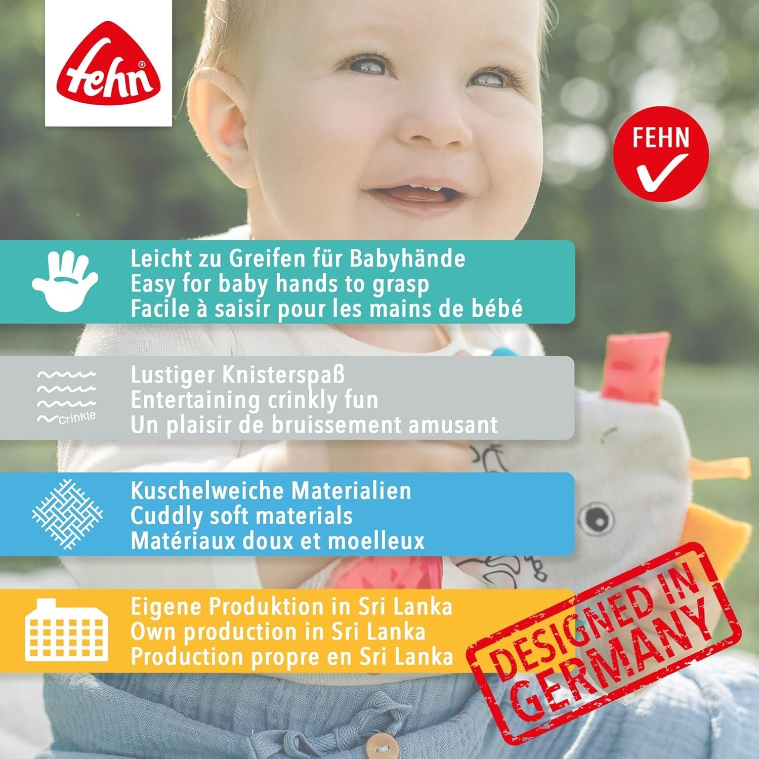 Fehn Poisson crépitant - Jouet à attraper et à jouer pour bébés - Jouet animal à attraper pour bébés - Jouet d'activité motrice et jouet crépitant pour bébés et tout-petits à partir de 0 mois Jouets pour bébés Naty Shop