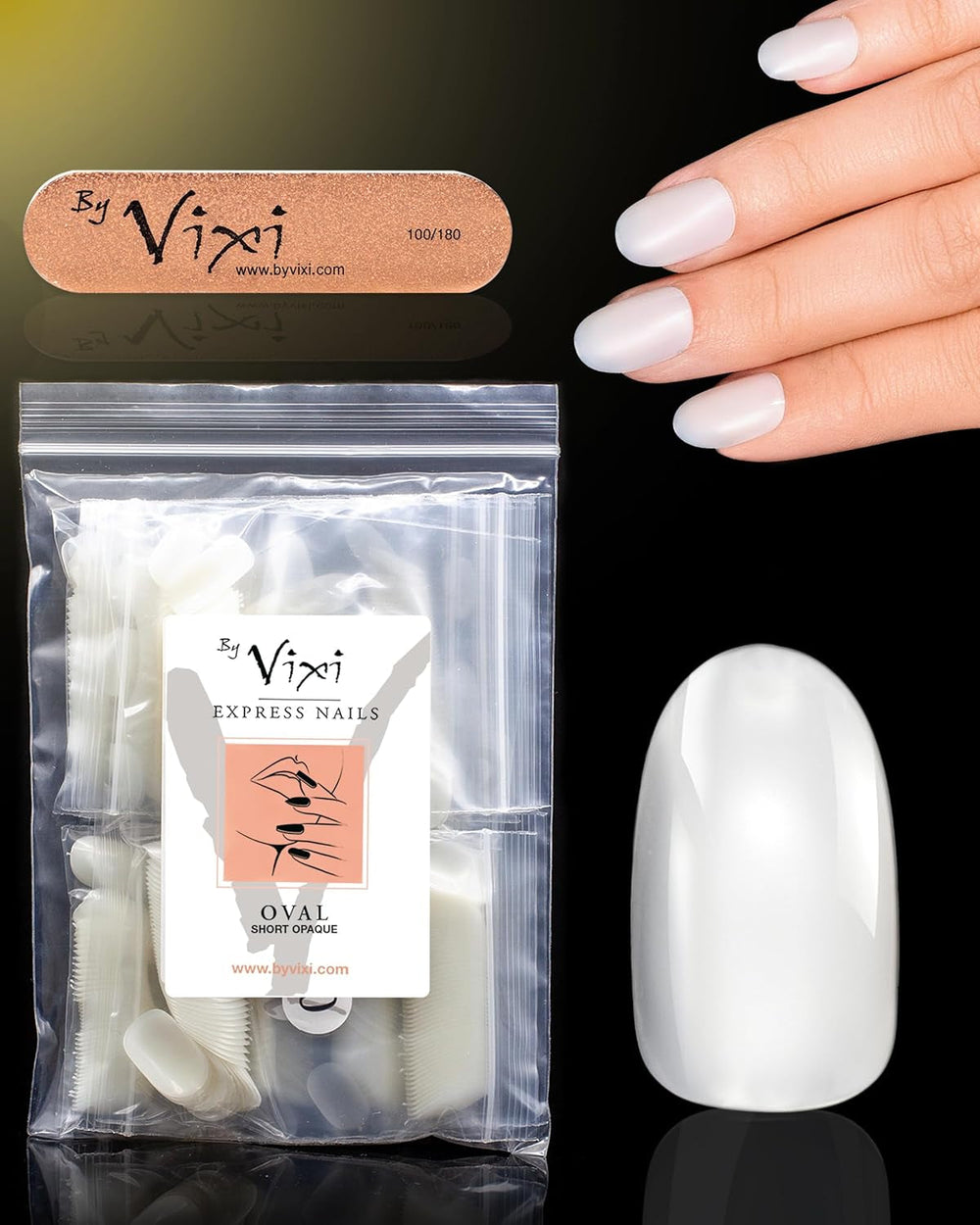 Vixi 600 Extensions d'ongles ovales courtes avec lime de préparation, 10 tailles - Couverture complète, Opaque. Pour professionnels et usage domestique.