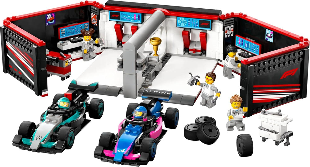 Garage LEGO City F1 avec voitures de course Mercedes-Amg et Alpine - Voiture de course de Formule 1 avec 2 pilotes et 4 figurines mécaniques - Cadeau pour garçons et filles à partir de 7 ans et fans 60444 Besuche den LEGO-Store Building Sets