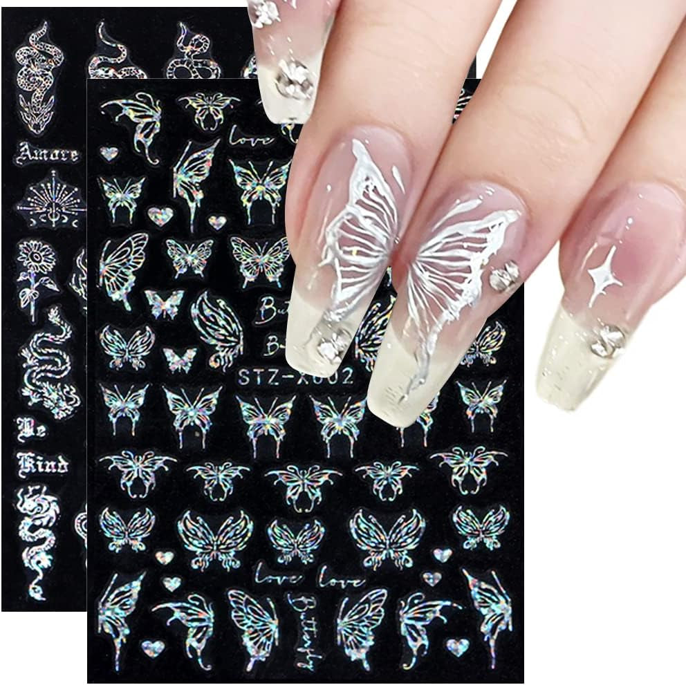 6 Blatt Schmetterling Nagelsticker Selbstklebend Laser Silber Schmetterlings Nagelaufkleber 3D Aurora Silber Schwarz Schmetterlinge Nagel Stickers Frühling Nageldesign Nail Sticker Nail Art Zubehör