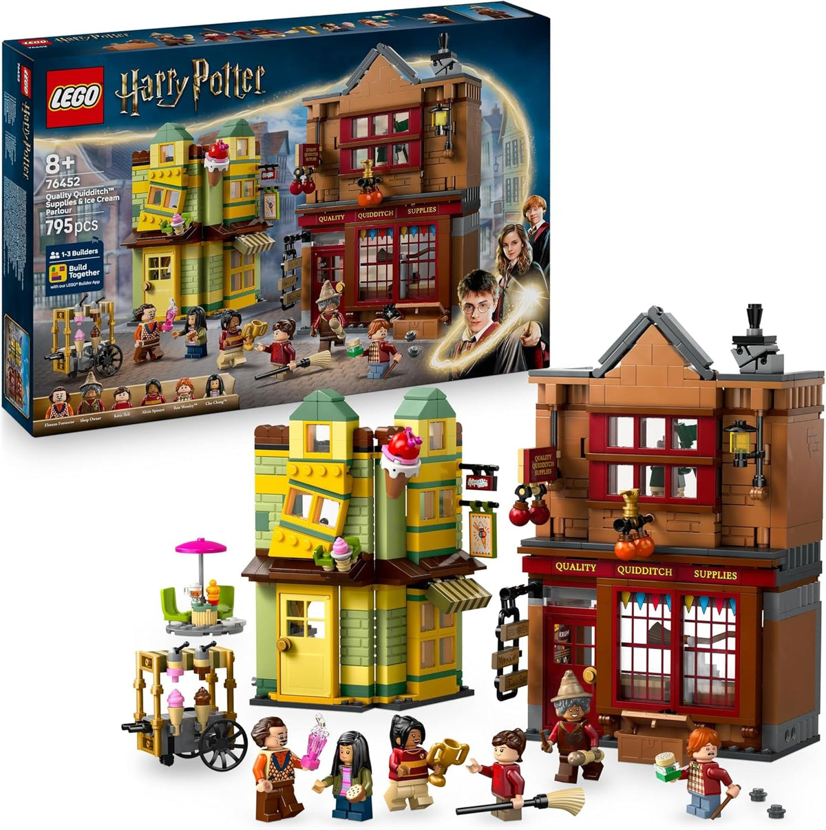LEGO Harry Potter Qualität für Quidditch & Fortescues Eissalon - Set mit 2 Winkelgasse Läden, 6 Minifiguren & Zubehör inkl. Nimbus 2000 Besen - Geschenk für Jungen & Mädchen ab 8 Jahren - 76452