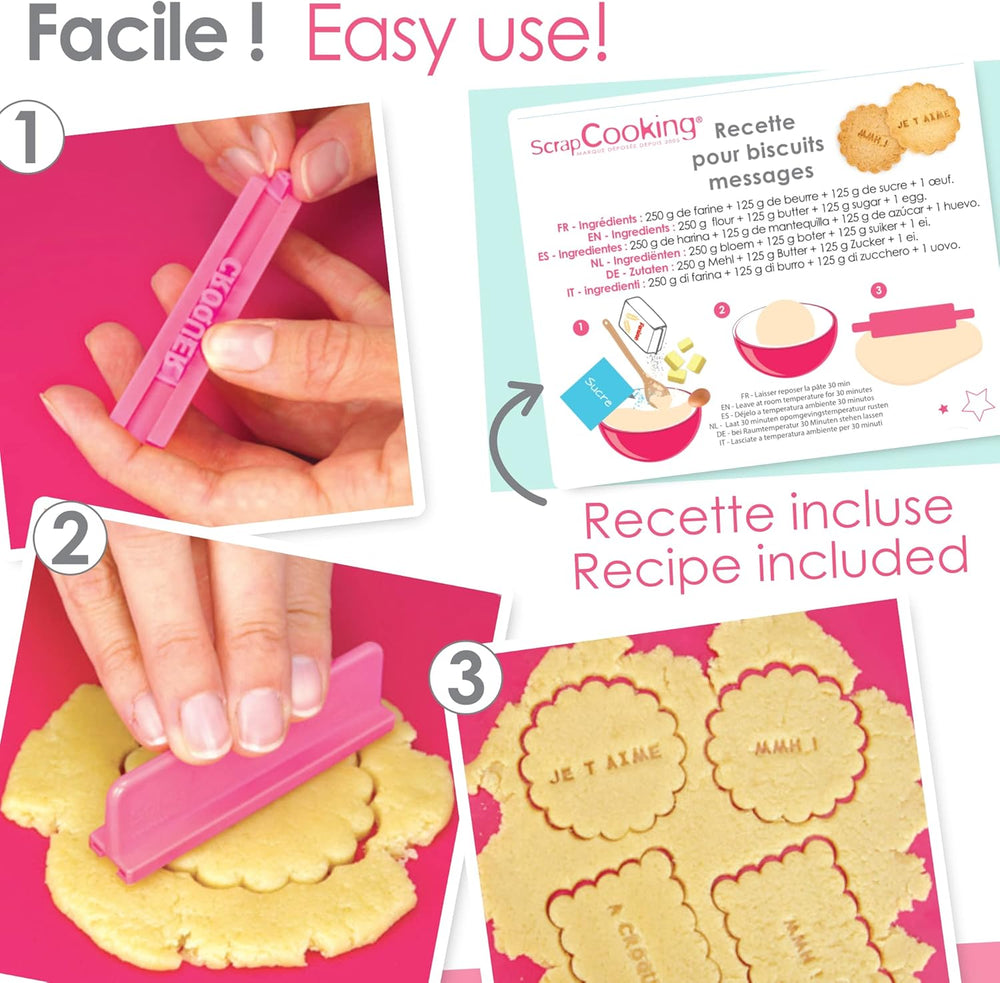 ScrapCooking 3700392420413 Ensemble de tampons à biscuits chiffres et lettres – pour fondant, biscuits, pâtisserie – matrices décorées sur mesure, plastique, rose