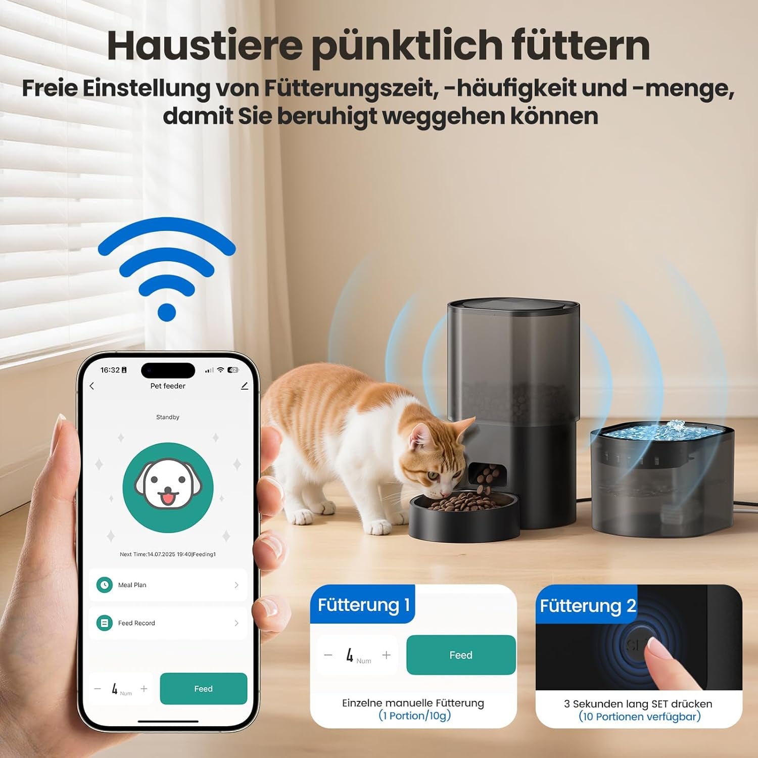 3L Automatischer Katzenfutterspender 2.5L Katzenbrunnen-Set, geräuscharmes App-steuertees Fernfütterungsgerät mit 10 Mahlzeiten per Tag, Anti-Verstopfungs-Design, idéal pour Katzen & Welpen