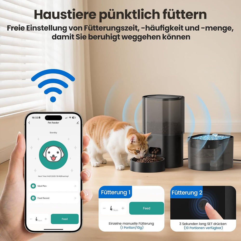 3L Automatischer Katzenfutterspender 2.5L Katzenbrunnen-Set, geräuscharmes App-steuertees Fernfütterungsgerät mit 10 Mahlzeiten per Tag, Anti-Verstopfungs-Design, idéal pour Katzen & Welpen