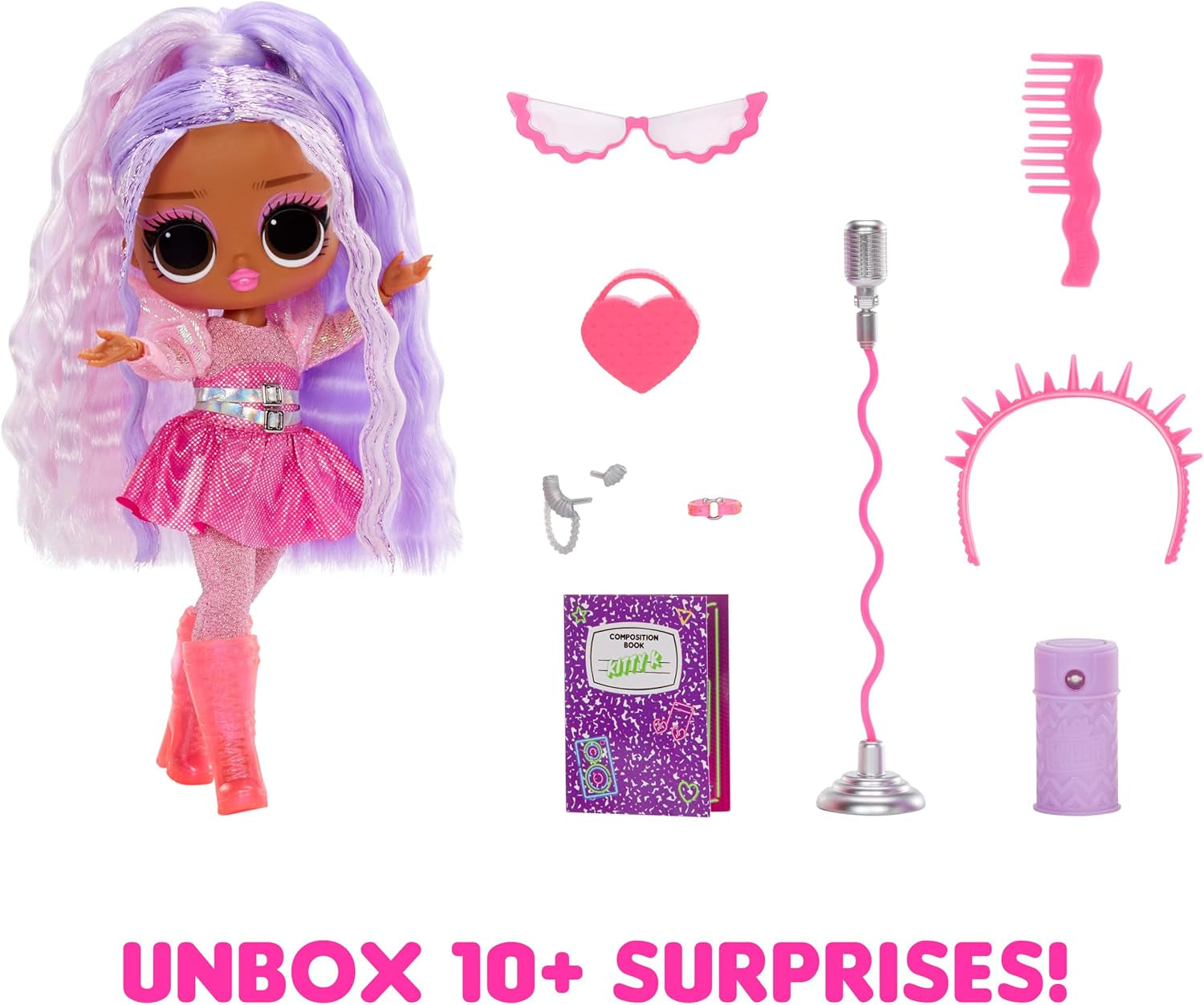 MDR. Surprendre! Tweens Neon Pop Stars - Kitty K - 1 poupée de mode avec surprises rétro-éclairées et plus de 10 vêtements et accessoires Pop Star, y compris un support de micro rétro, conçu pour les enfants de 4 ans et plus