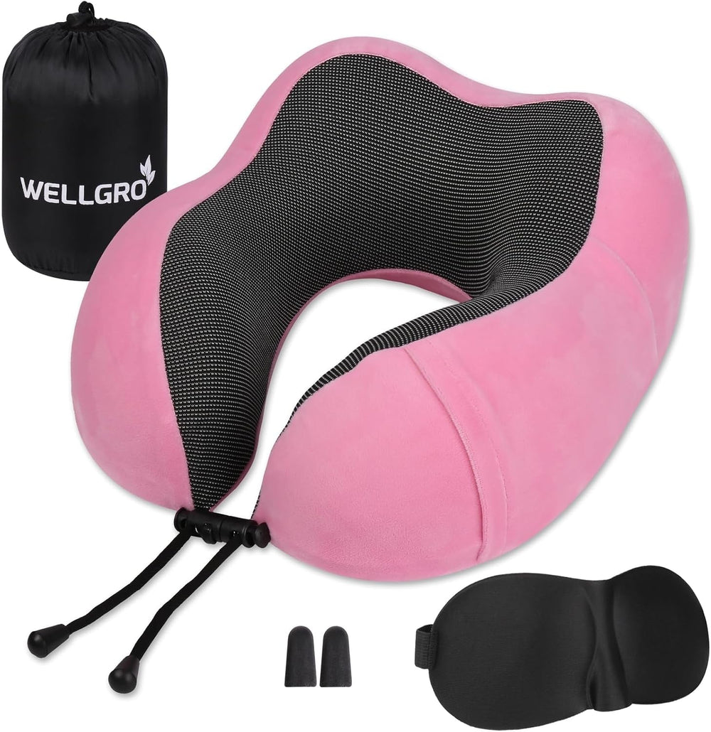 WELLGRO Ensemble d'oreillers cervicaux avec masque de sommeil 3D et bouchons d'oreilles - Housse amovible - Mousse à mémoire de forme - Fermeture à glissière - Sac de rangement inclus - Oreiller de voyage - Couleur au choix, Couleur: Gris Naty Shop Rose Oreillers cervicaux orthopédiques