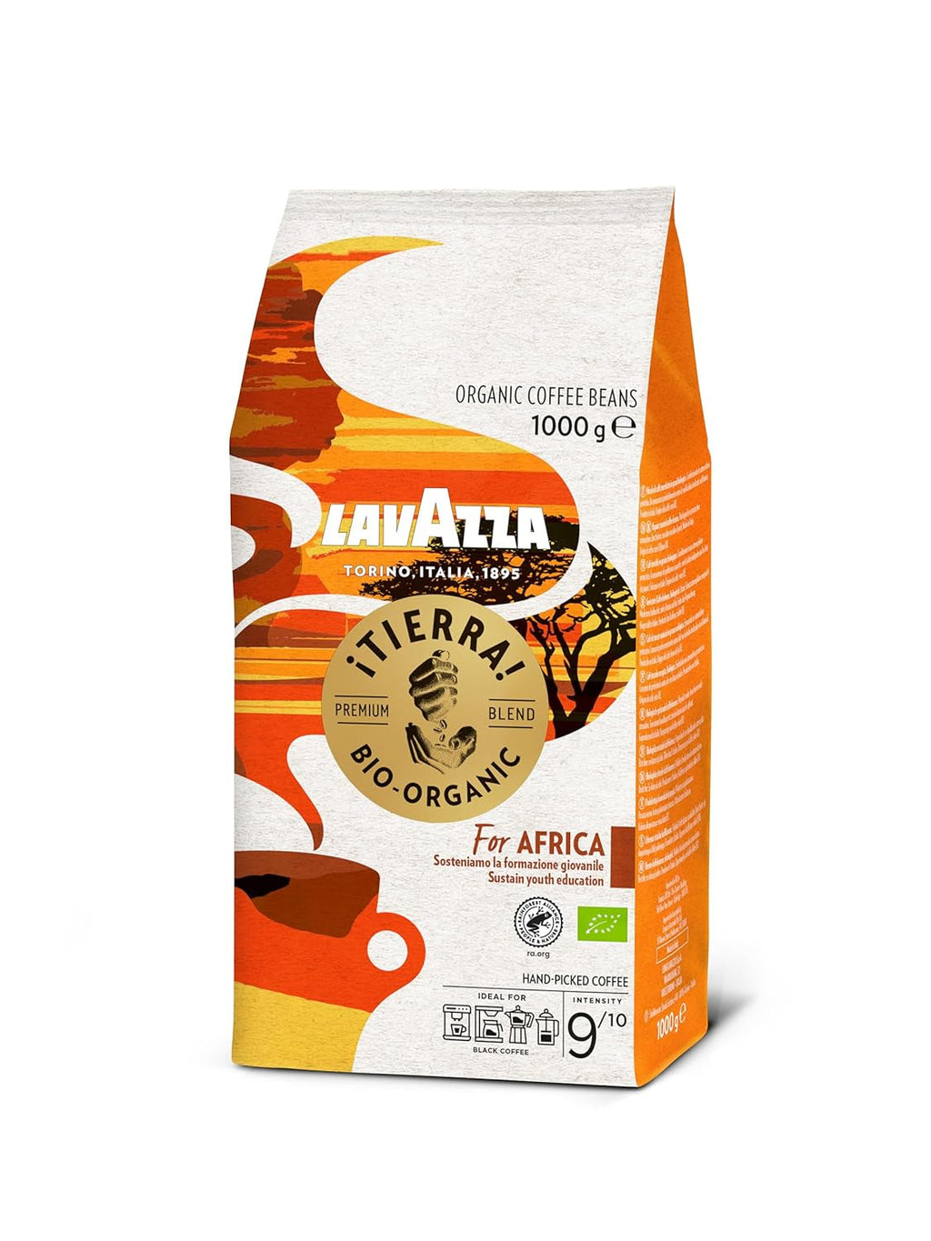 Lavazza, Tierra for Africa, 100% boabe de cafea organică, Ideal pentru espressoare, Aromă puternică și corpolentă, Intensitate 9/10, Arome de nuci, Prăjire medie Cafea Naty Shop