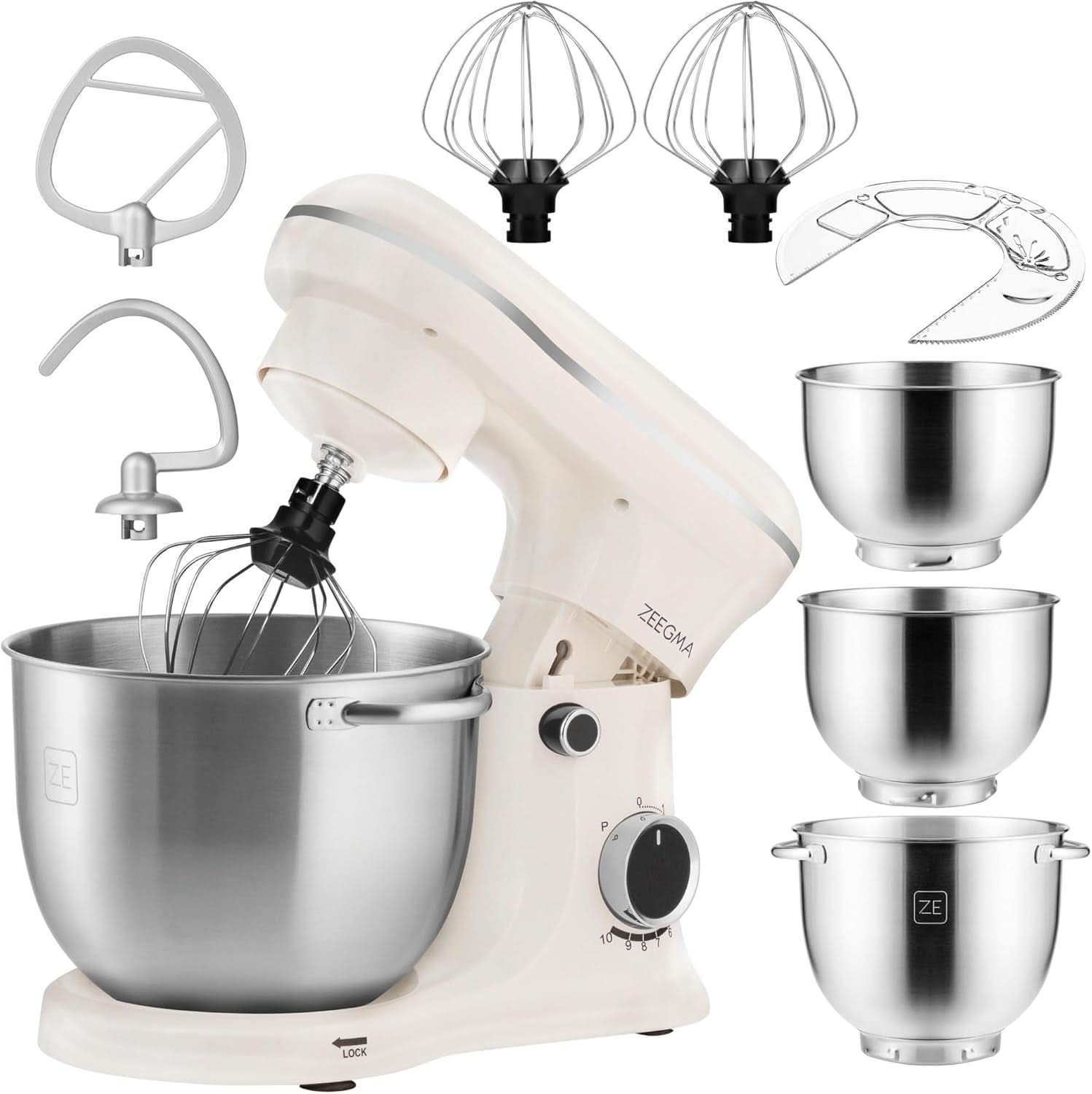 ZEEGMA PLANEET TRIO Robot planétaire, 1500 W, machine de cuisine multifonctionnelle avec 3 tasses 4 L, 4,5 L et 5,2 L, 10 vitesses de cuisson, mixeur avec haken, Schneebesen (noir) mère et enfant Naty Shop Creme