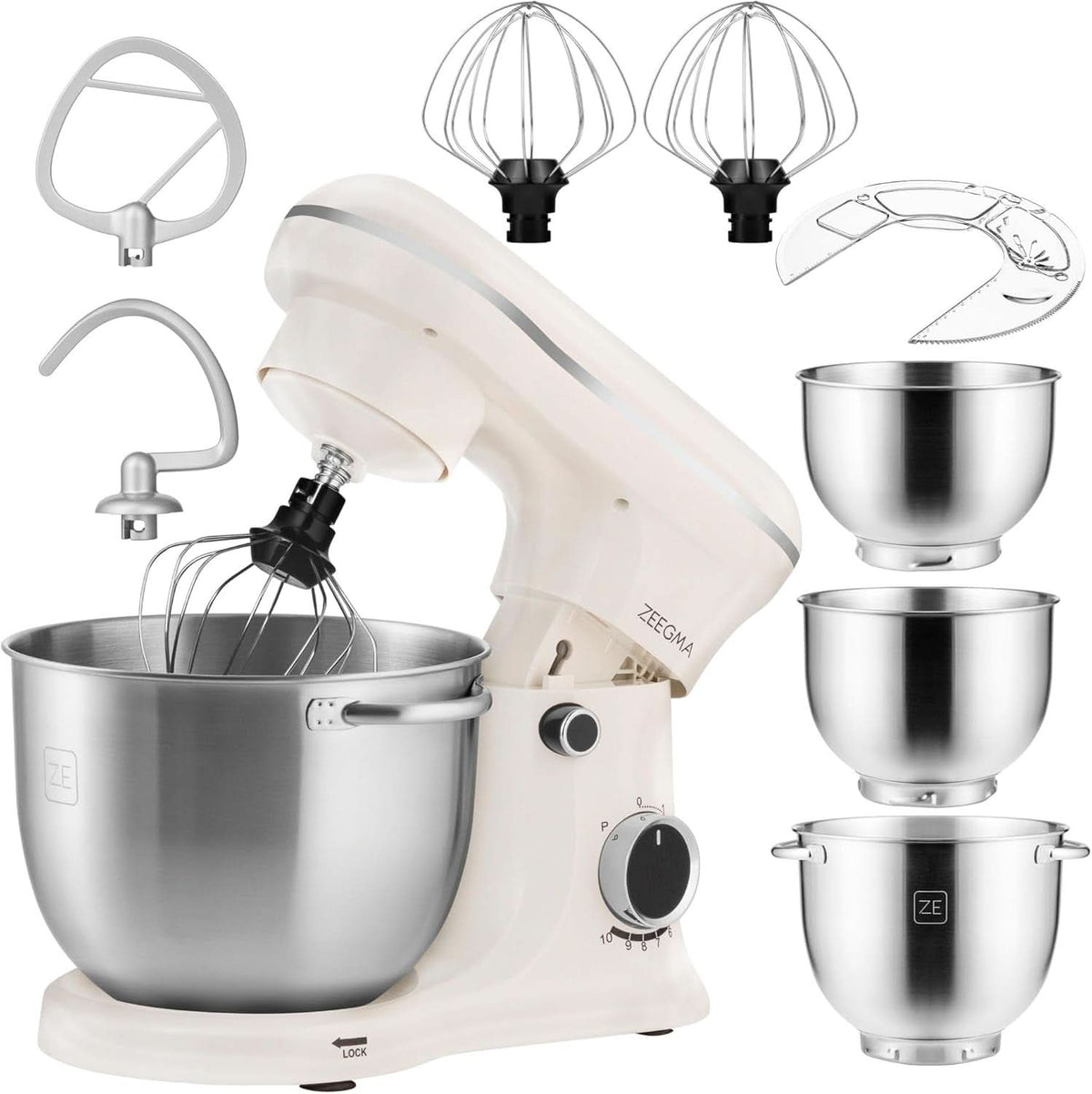 ZEEGMA PLANEET TRIO Robot planétaire, 1500 W, machine de cuisine multifonctionnelle avec 3 tasses 4 L, 4,5 L et 5,2 L, 10 vitesses de cuisson, mixeur avec haken, Schneebesen (noir) mère et enfant Naty Shop Creme