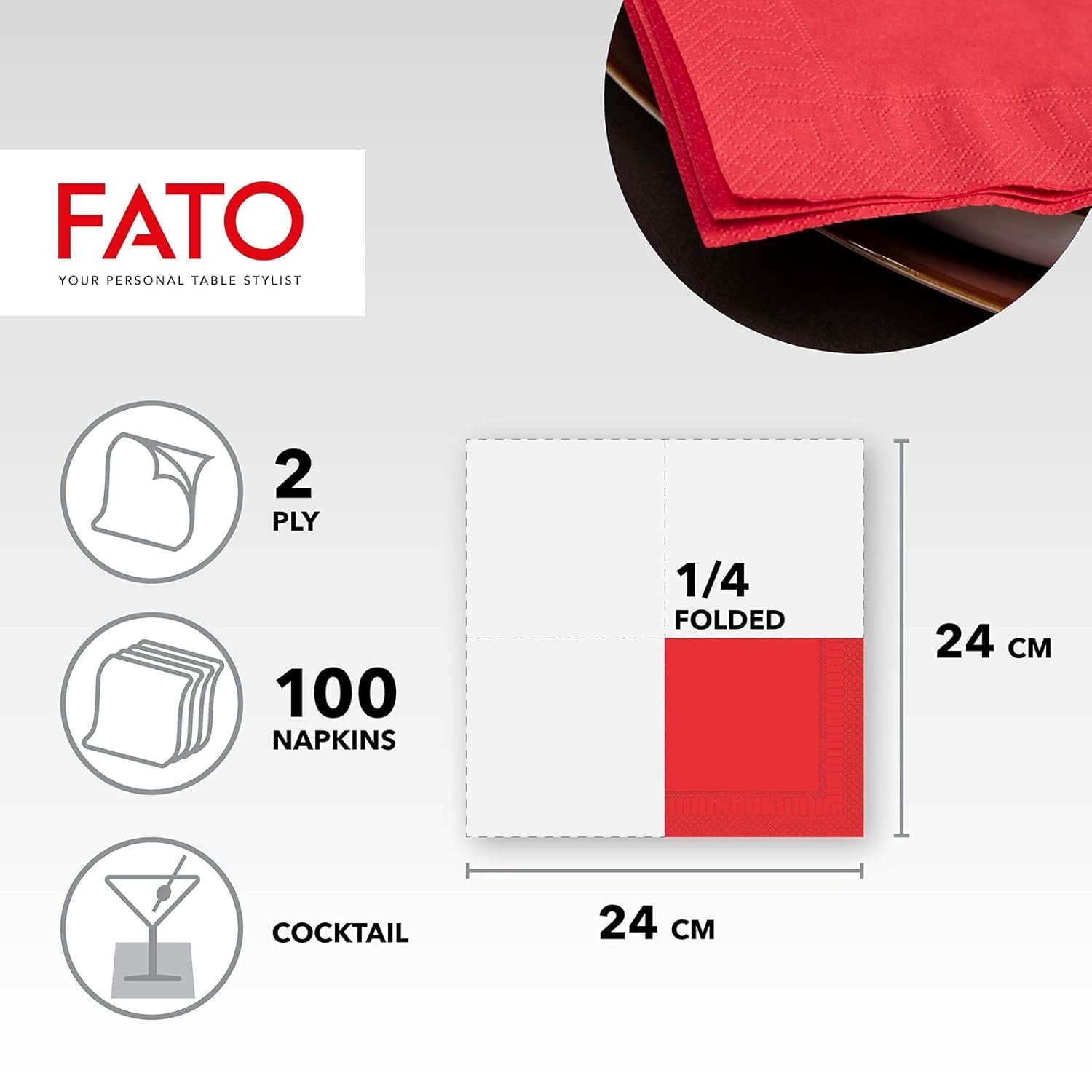 - Serviettes en papier jetables, idéales pour l'apéritif et les cocktails, paquet de 100 serviettes, format 24X24, 4 plis, 2 couches, couleur rouge, papier 100% pure cellulose, certifié Fsc