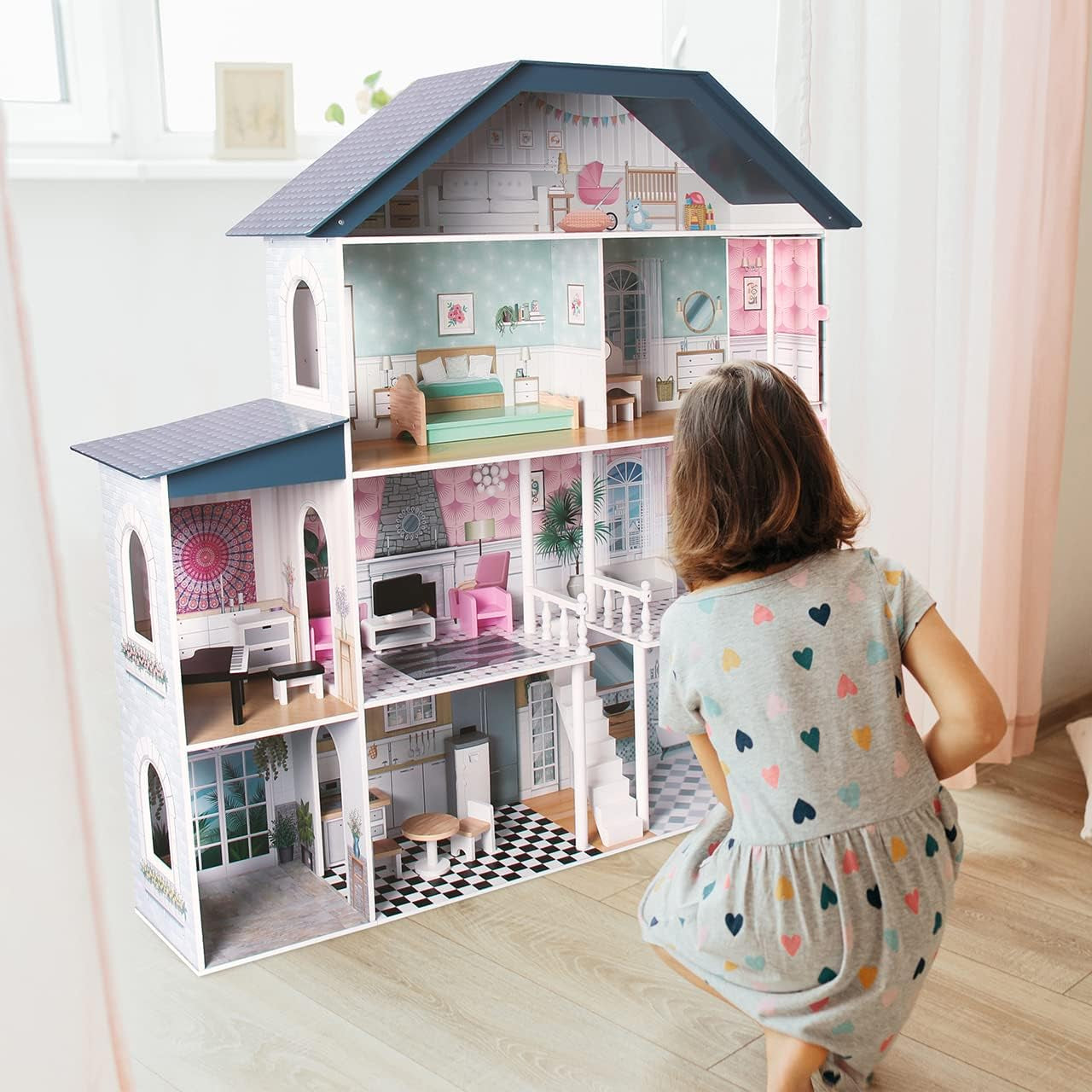 Deqube 913D00016 Maison de poupée en bois, 4 étages, Premium