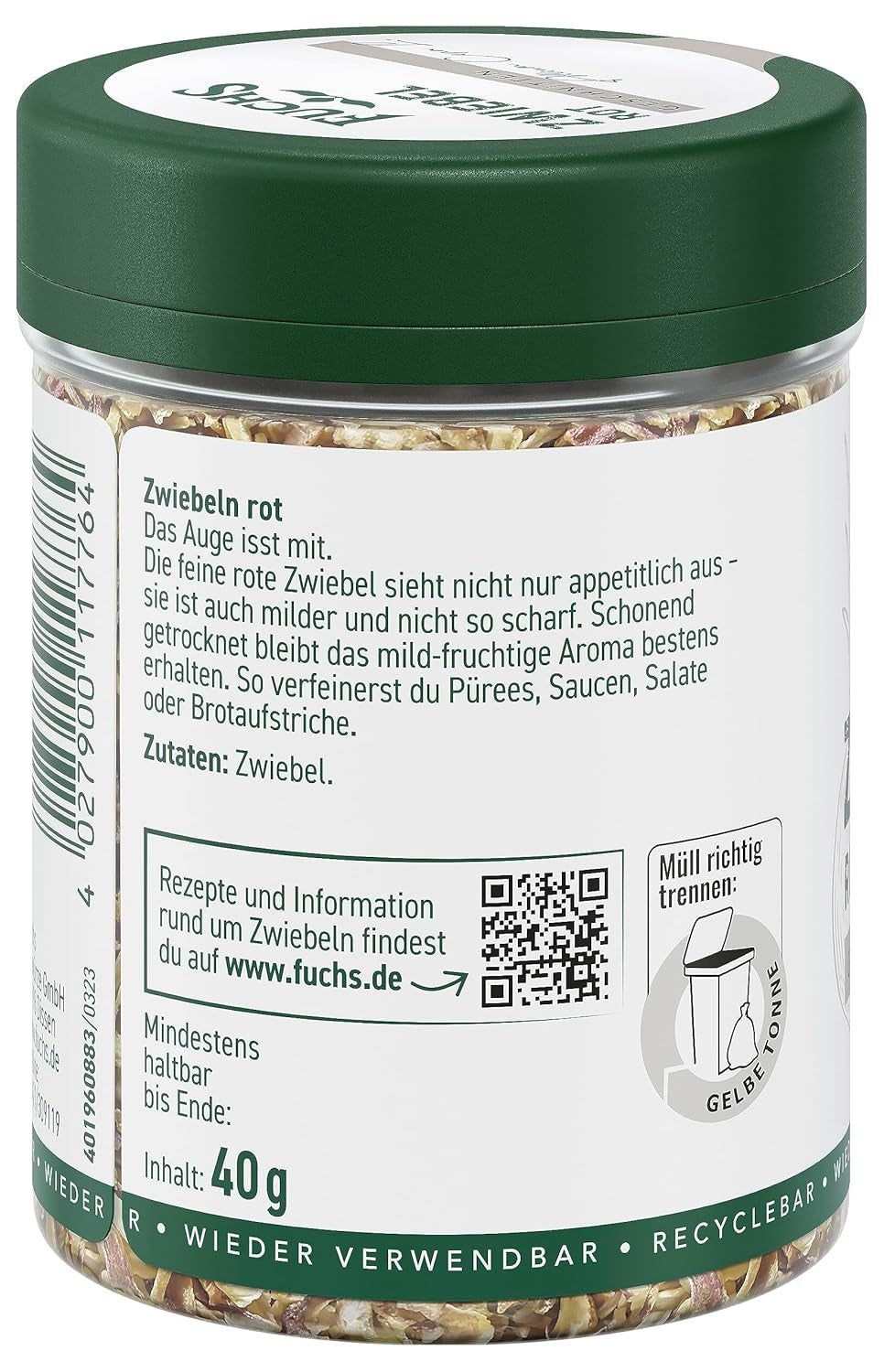 Fuchs Gewürze - Zwiebel rot geschnitten - Gewürz für Pürees, Salad oder Brotaufstriche - ingrédients naturels - 40 g en wiederverwendbarer, recyclebarer Dose