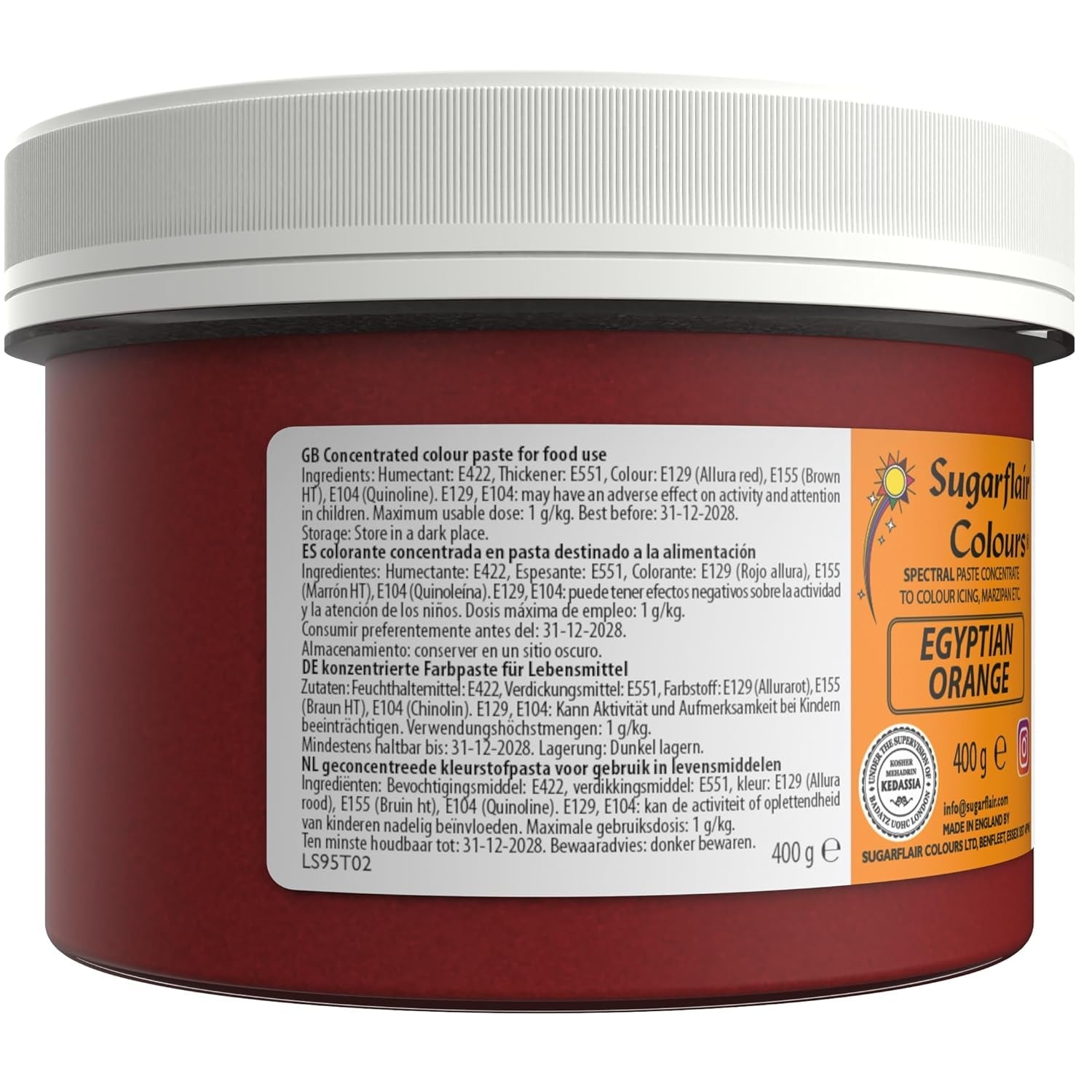 Sugarflair Colorant Alimentaire pour Pâtes, Orange Egyptienne, Colorant Alimentaire pour Pâtes, Fondant et Massepain, Couleurs Concentrées Spectrales - 400g