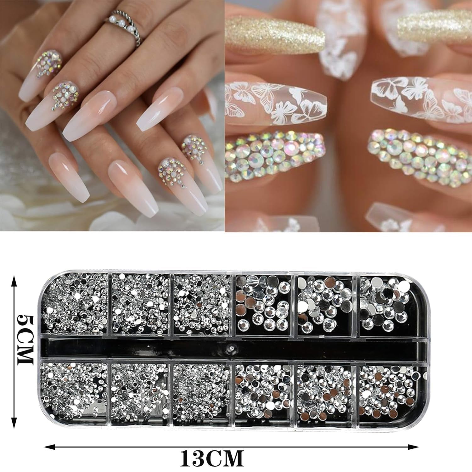 Kit de 10 boîtes de strass pour ongles, accessoires multifonctionnels avec 1 pince à épiler, diamants décoratifs, cristaux, perles, pierres précieuses, colorés, mélangés, yeux de cheval, pierres métalliques, pour décorations DIY Nail Art