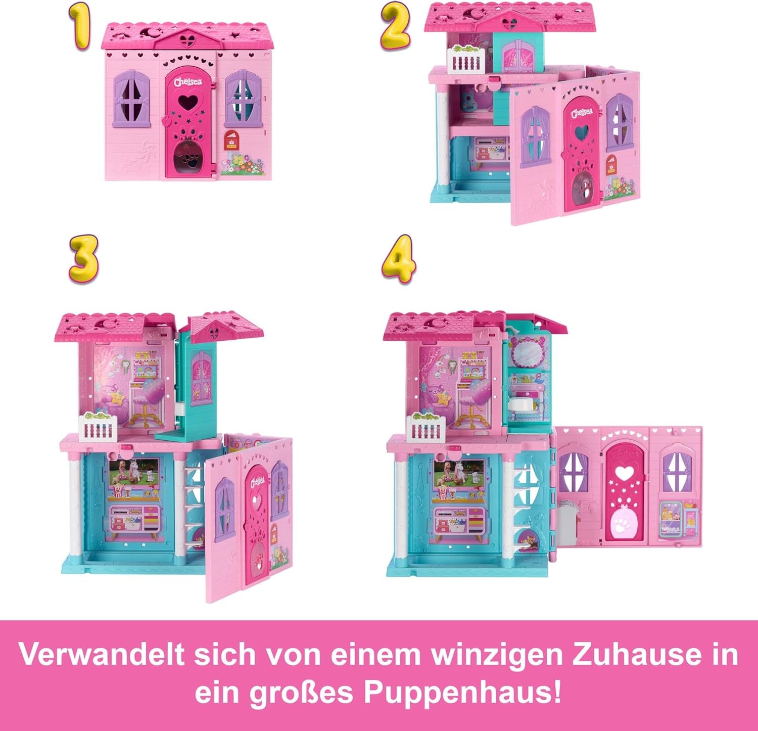 Maison de poupée Barbie Chelsea avec plus de 15 accessoires, maison pop-up s'étendant jusqu'à plus de 42 x 33 cm avec 5 aires de jeu et un toboggan, avec une petite poupée et un chien, JFW49