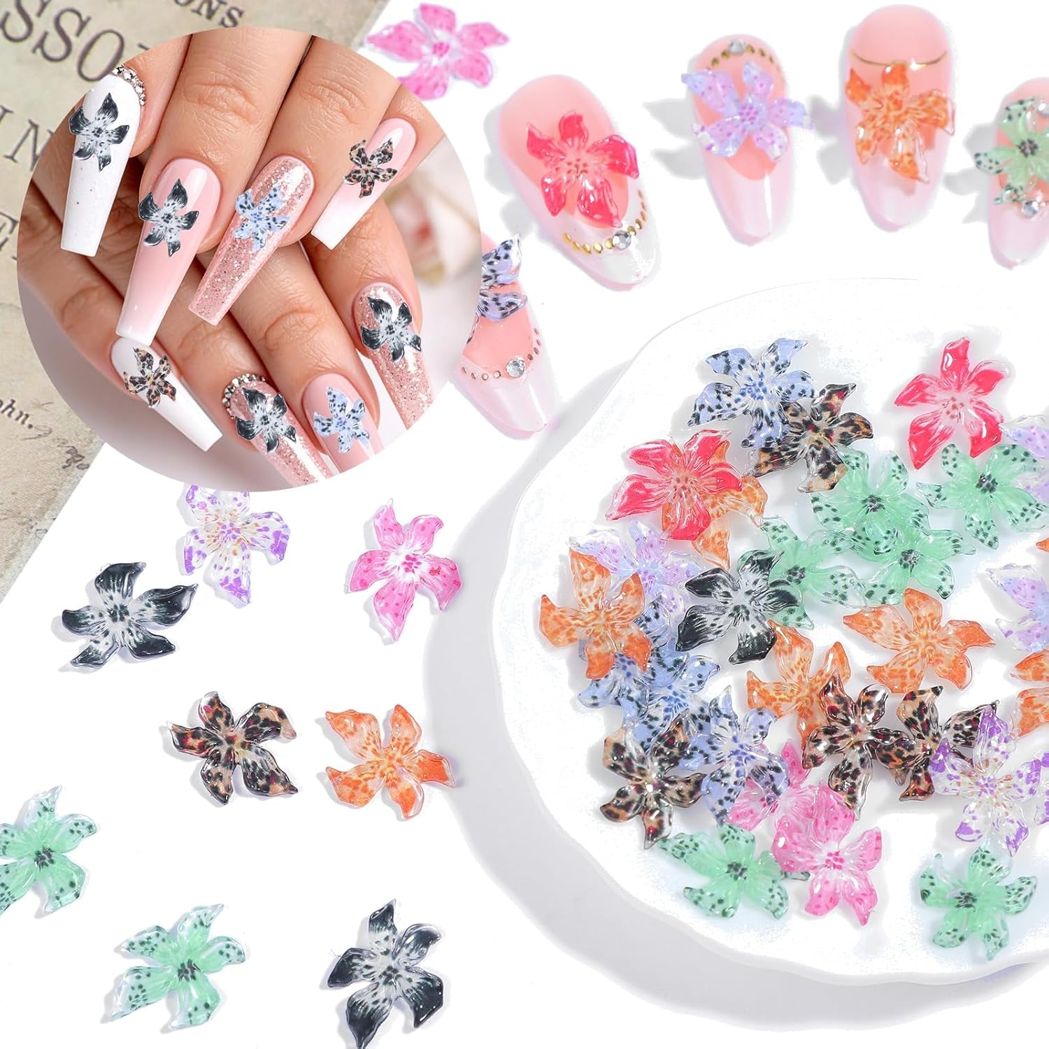50 pcs 3D fleurs ongles breloques à ongles Bunt Gelee Weich Kleber Lilie fleur fleur de lys fleur d'hibiscus Zubehör Nageldesign Eis Kristall Geprägt Farbverlauf Lilien Für Mädchen Frauen DIY Basteldekoration