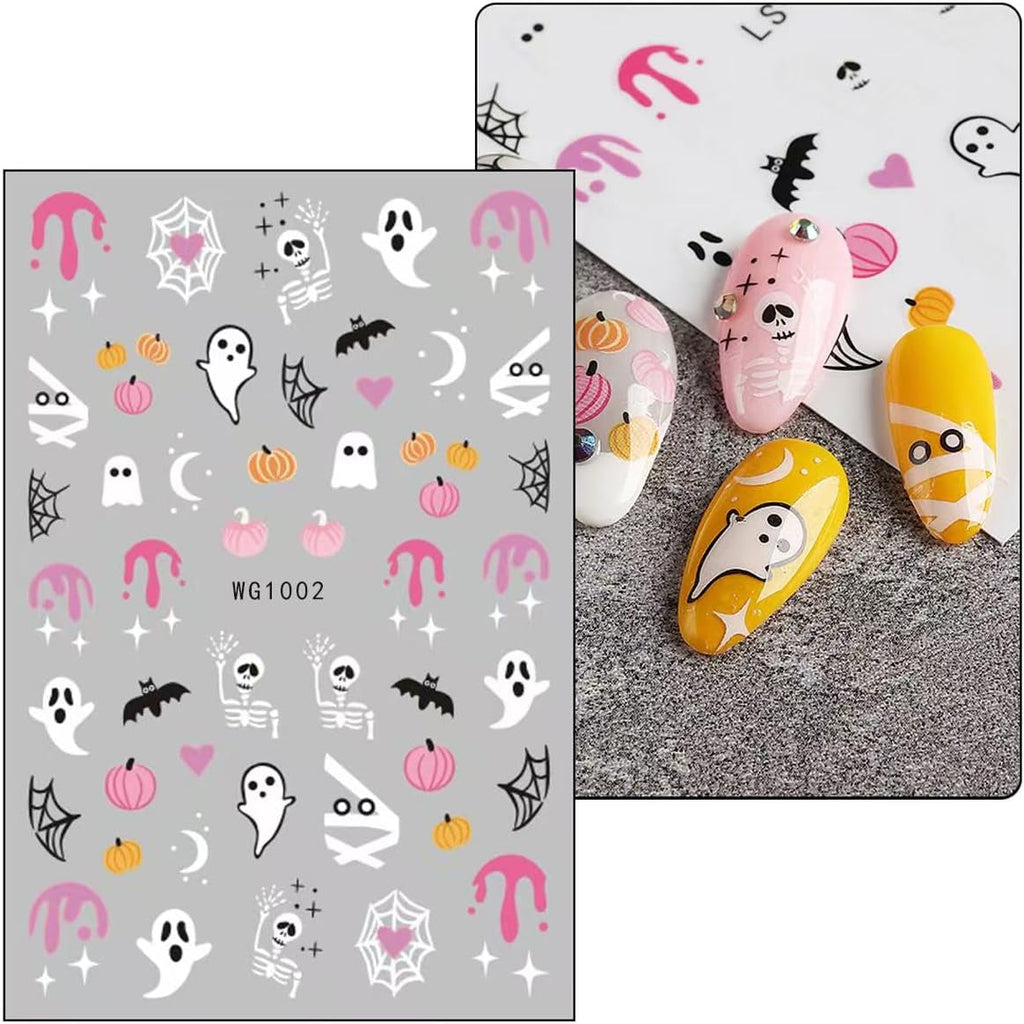 JMEOWIO Nagelsticker Halloween 8 Blatt Nail Art Sticker Selbstklebend Nagelaufkleber Totenkopf Horror Geist Hexe Spinnennetz Fledermaus Kürbis Spukdekoration Nageldesign Zubehör