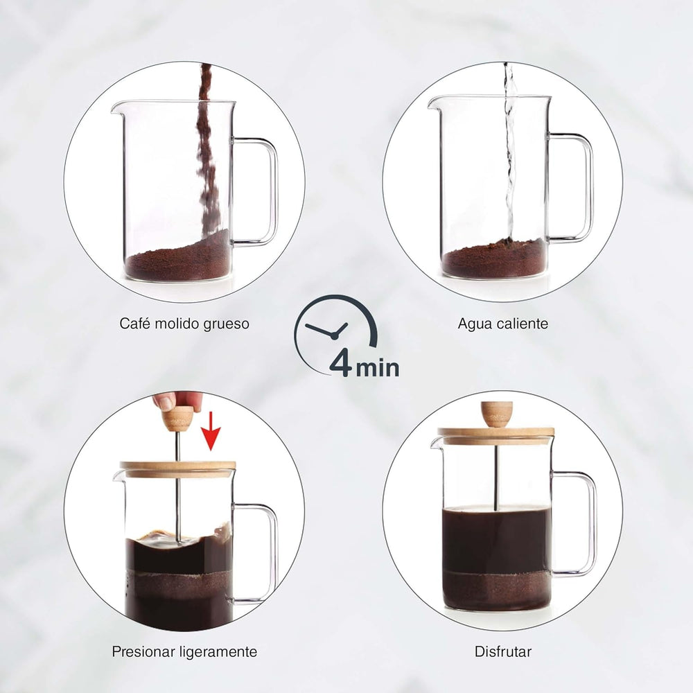 Cafetière française, presse à café, cafetière à piston, cafetière filtre française, 3 tasses, 0,35 l, acier et bois