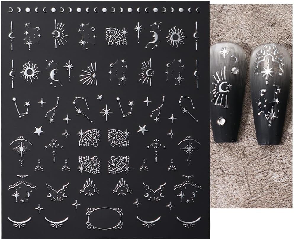 Autocollants d'ongles métalliques argentés 3D, autocollants d'ongles pour femmes, étoile, lune, soleil, feuille d'ongles, autocollants auto-adhésifs, autocollants d'ongles papillon, autocollants d'ongles, accessoires de conception d'ongles, 8 pièces
