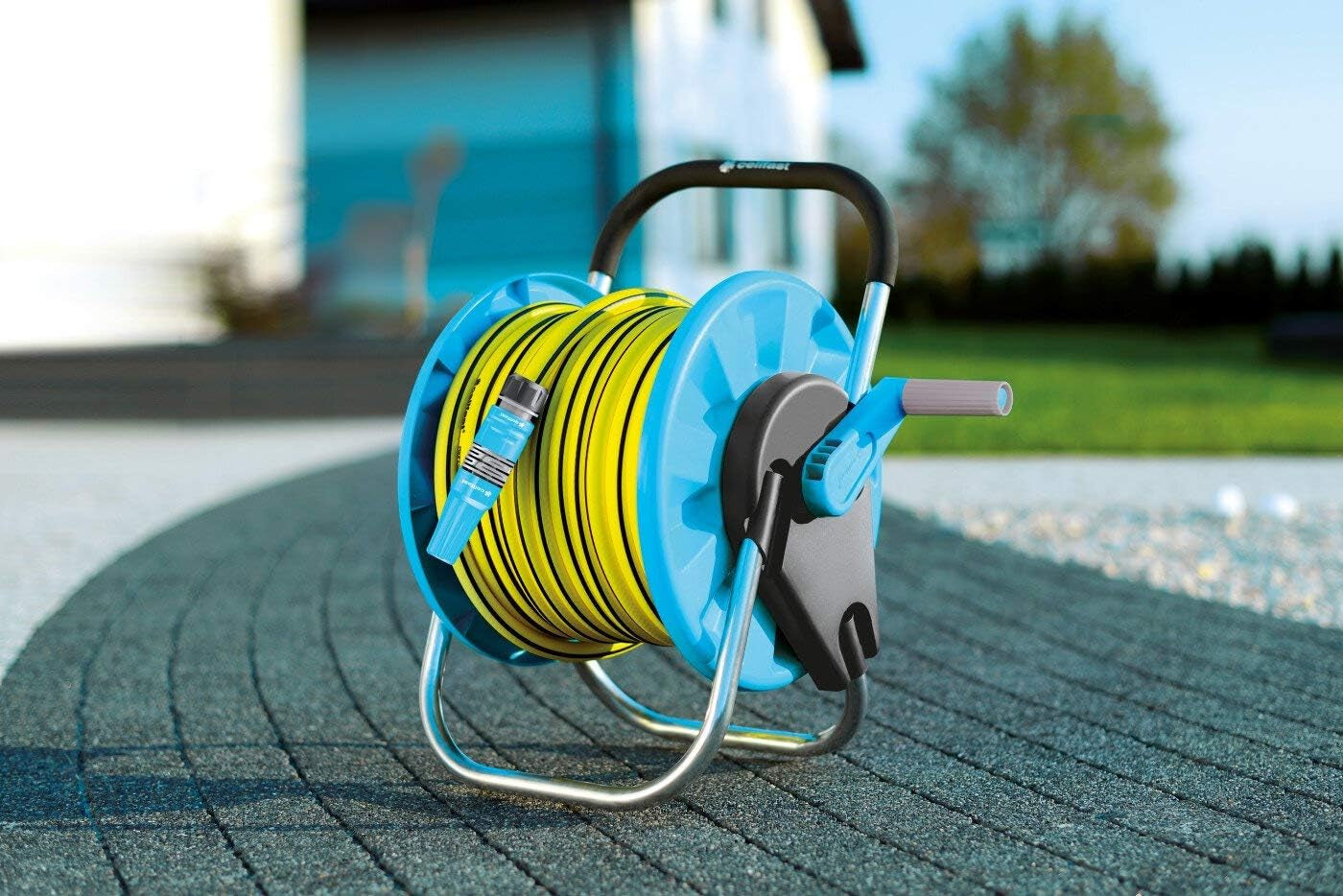 Enrouleur de tuyau CELLFAST, enrouleur de tuyau d'arrosage résistant à la corrosion, empêche le tuyau de se plier, 1/2" 45 m Aluplus