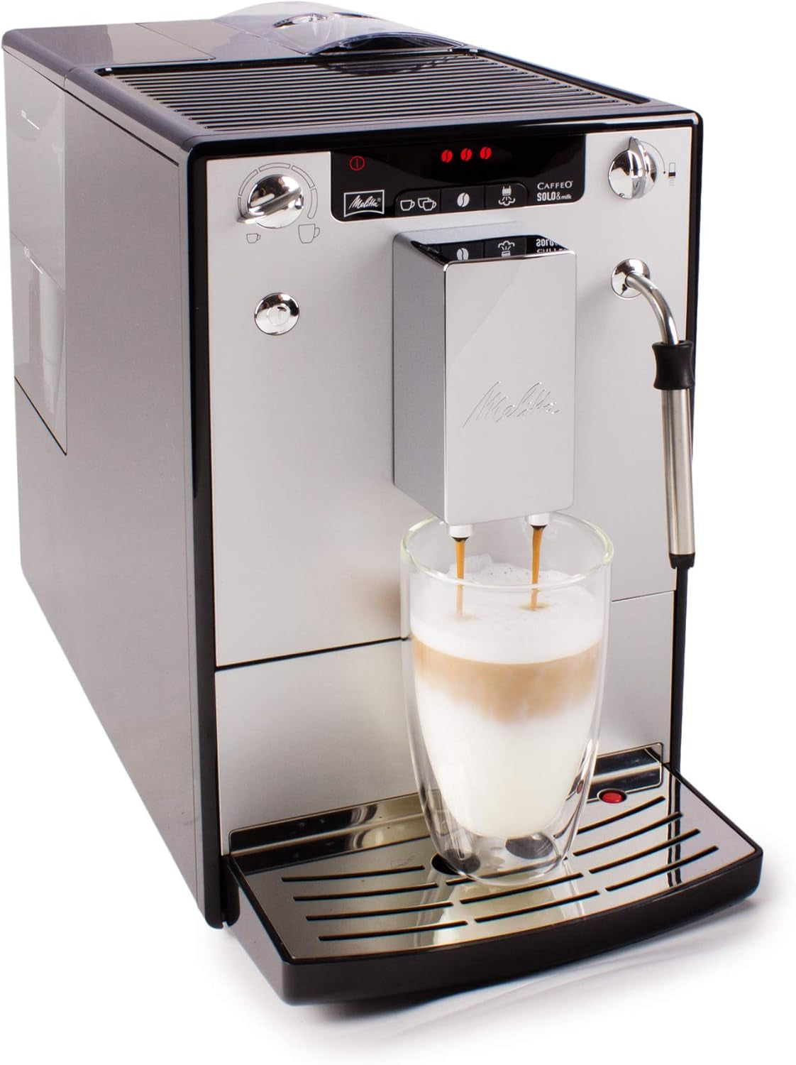 Melitta Solo & Milk - Machine à café fine entièrement automatique avec mousseur à lait, machine à café avec réservoir d'eau amovible, par ex. café ou cappuccino, argent