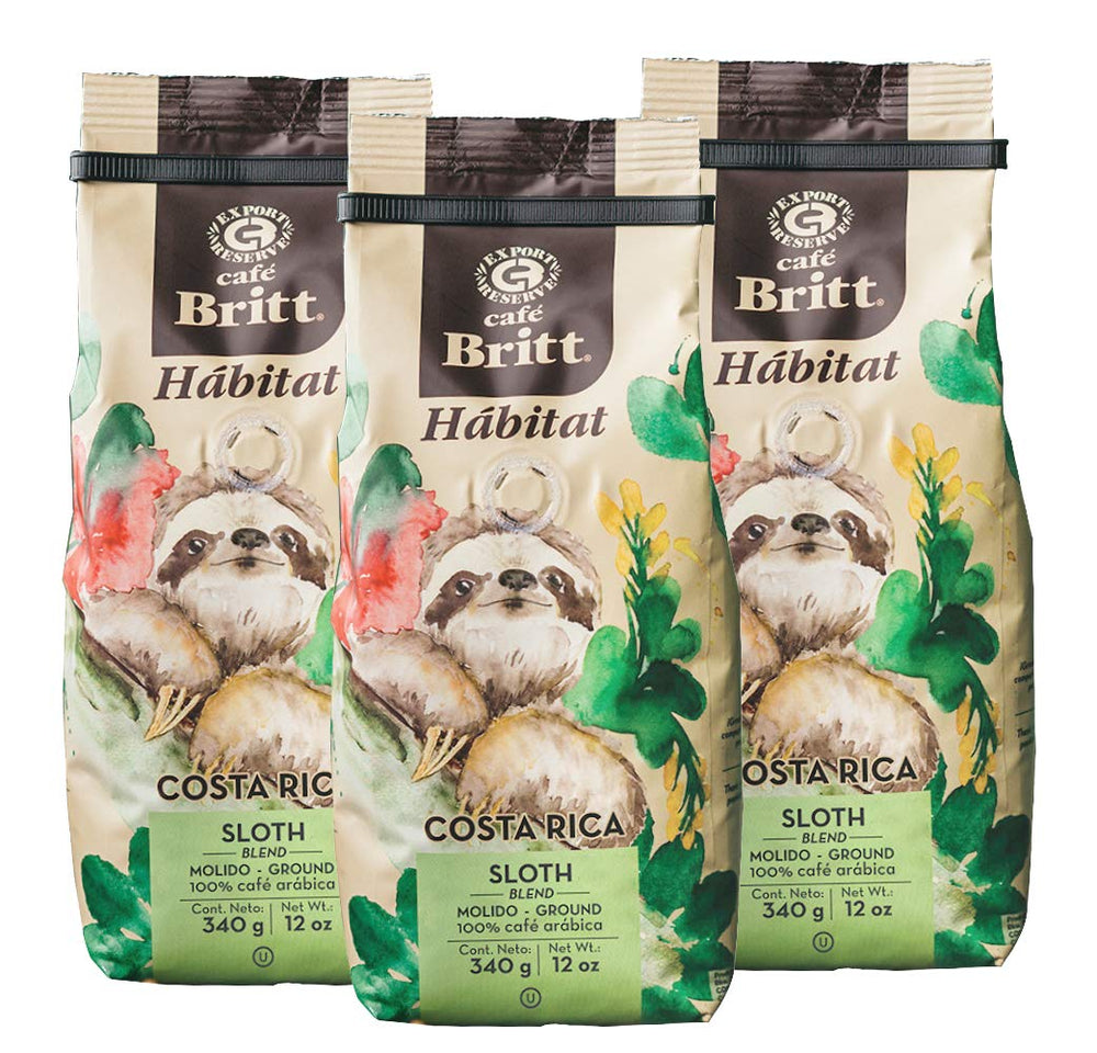 Café Britt® - Mélange de paresseux de l'habitat du Costa Rica (340 g) (paquet de 1) Café Arabica en grains entiers, casher, sans gluten, gourmet et torréfaction moyennement foncée