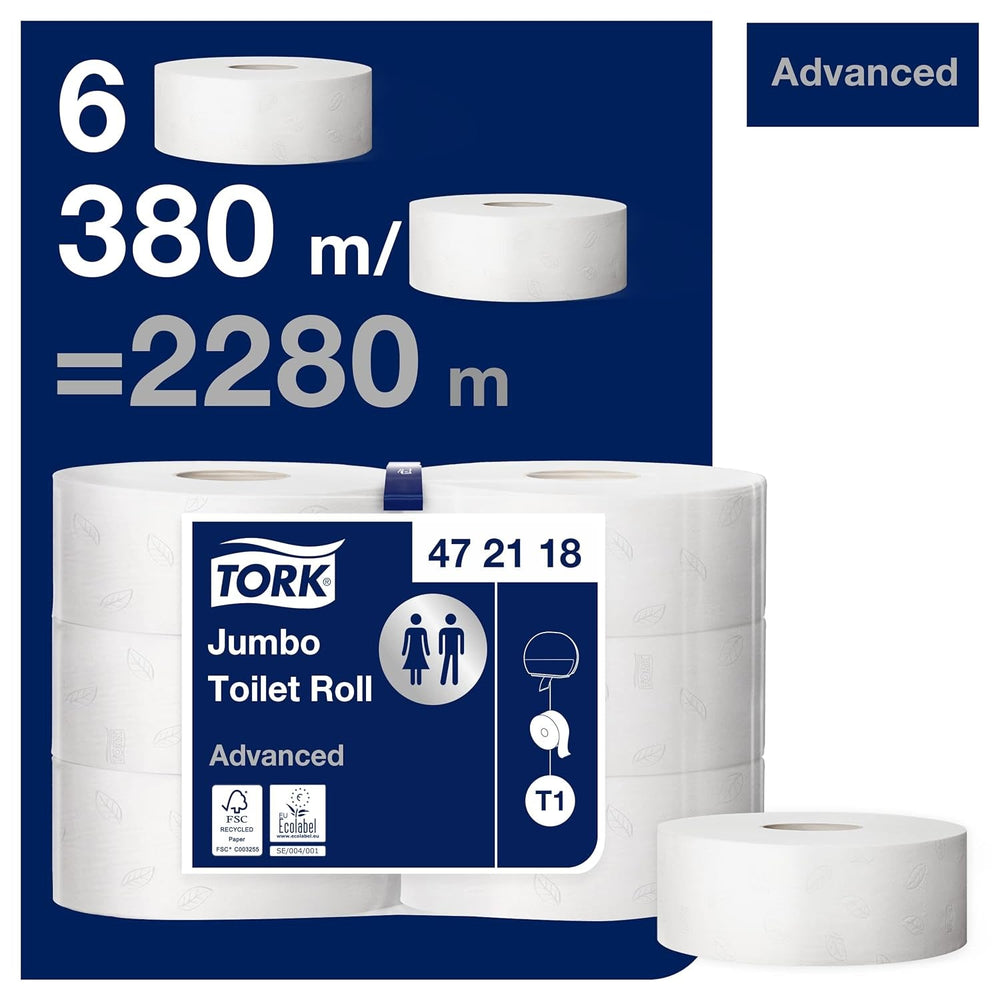 Papier toilette Tork Jumbo blanc T1, avancé, 2 couches, 6 × 380 M, 472118