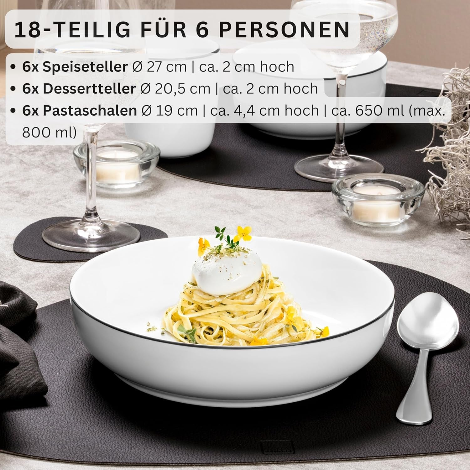 SANGER | Marlo Service de table à bords noirs et blancs, service de table 18 pièces en porcelaine pour 6 personnes, blanc avec accents noirs, assiettes plates, assiettes à dessert et bols, design moderne | LA COLLECTION PREMIUM