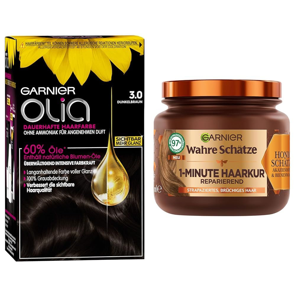 Garnier Color & Care Set : Olia 3.0 Coloration permanente châtain foncé + traitement réparateur pour cheveux (340 ml) | Au miel d'acacia et à la cire d'abeille pour brillance et souplesse | Teinture capillaire sans ammoniaque Naty Shop Titre par défaut