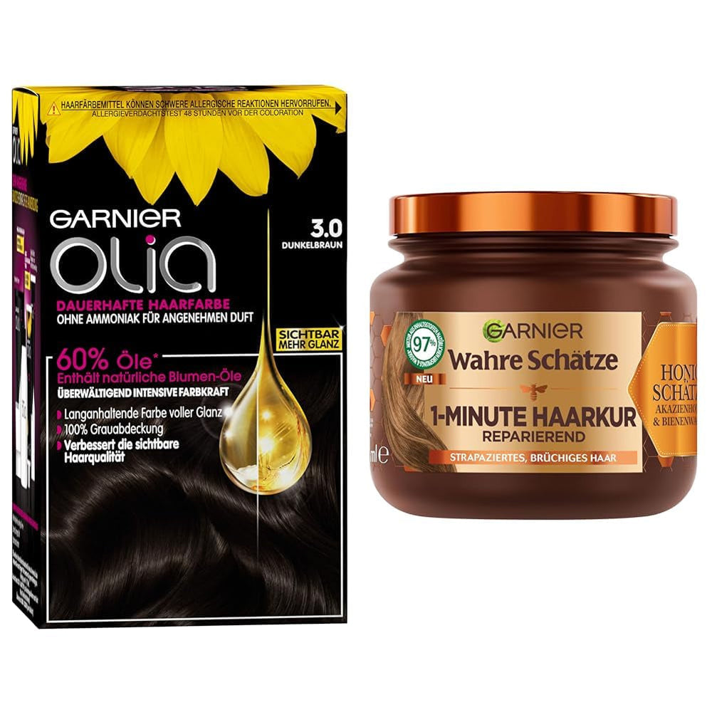 Garnier Color & Care Set : Olia 3.0 Coloration permanente châtain foncé + traitement réparateur pour cheveux (340 ml) | Au miel d'acacia et à la cire d'abeille pour brillance et souplesse | Teinture capillaire sans ammoniaque Naty Shop Titre par défaut