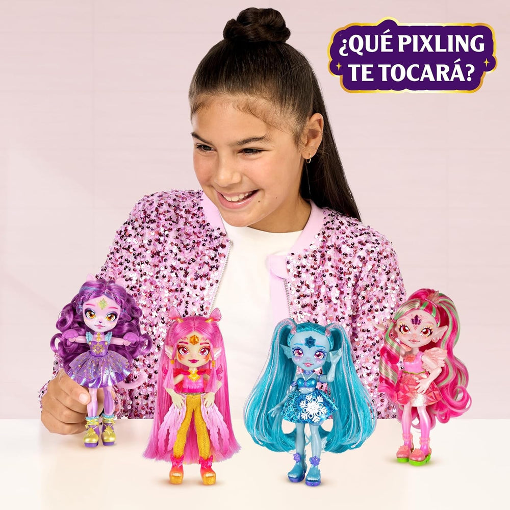 Păpuși Magice Pixlings, 4 Păpuși Asortate – 2 Noi – Păpușă de Modă 15 cm – Poțiuni Magice – Jucărie Secretă cu Poțiuni (MG101000)