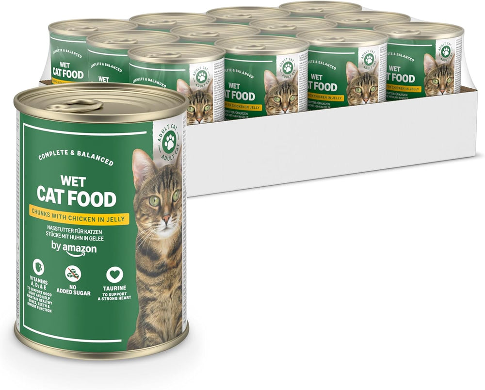Amazon Nourriture humide pour chat sans céréales, morceaux de poulet en conserve en gelée 12 x 405 g