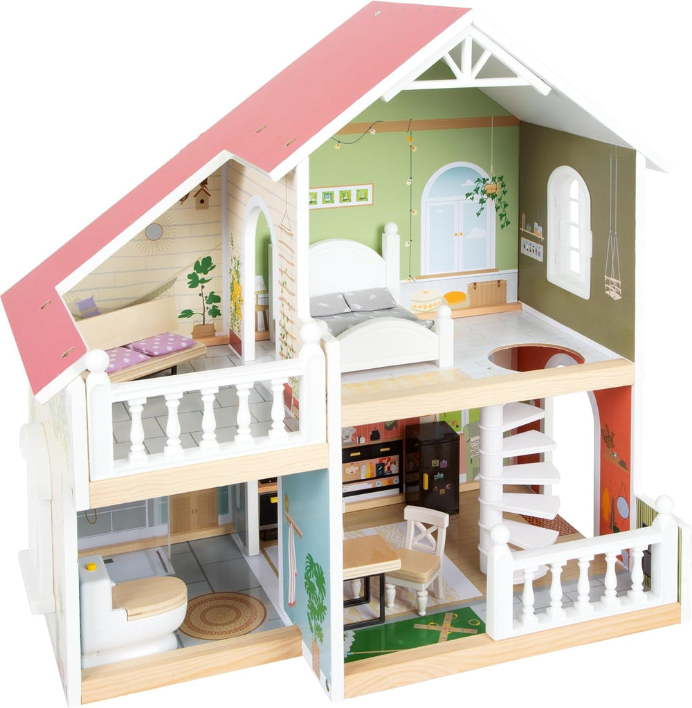 Small Foot Dollhouse Maison de ville en bois à 3 étages avec façade ouverte et 12 meubles pour 3 ans et plus 11802 White Grey Dollhouses Naty Shop Maison de poupée avec toit