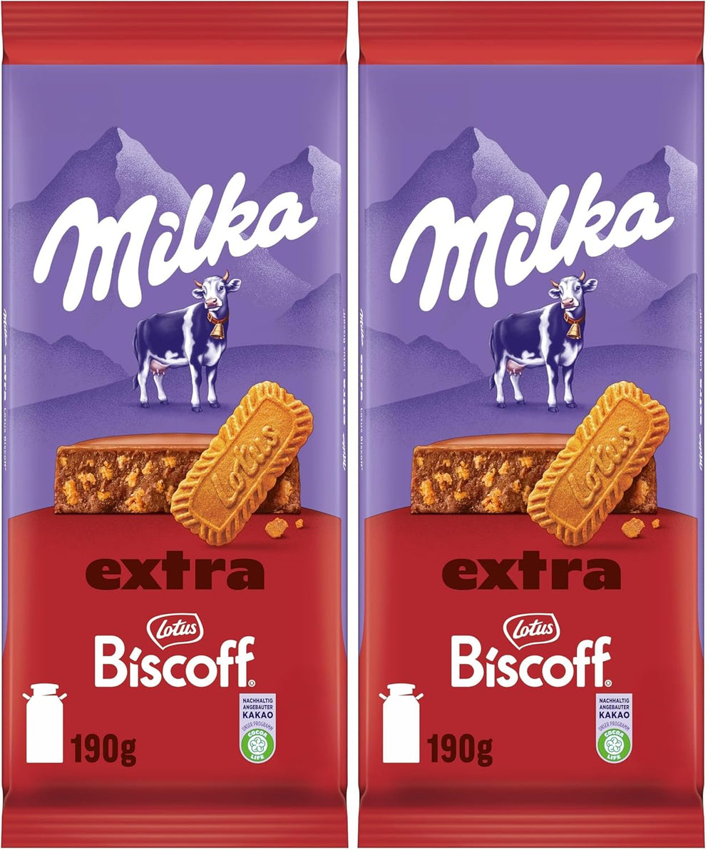 Milka Extra Biscoff Chocolate – Chocolat au lait alpin avec morceaux croquants de biscuits Lotus Biscoff – 190g