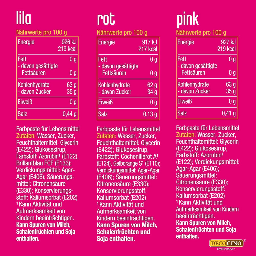 Decocino Neon Colorant Alimentaire Set - 3 Pièces - Rouge, Rose, Violet - Colorant Alimentaire Haute Dose - Pour Colorer Gâteaux, Muffins, Cupcakes - Sans Goût