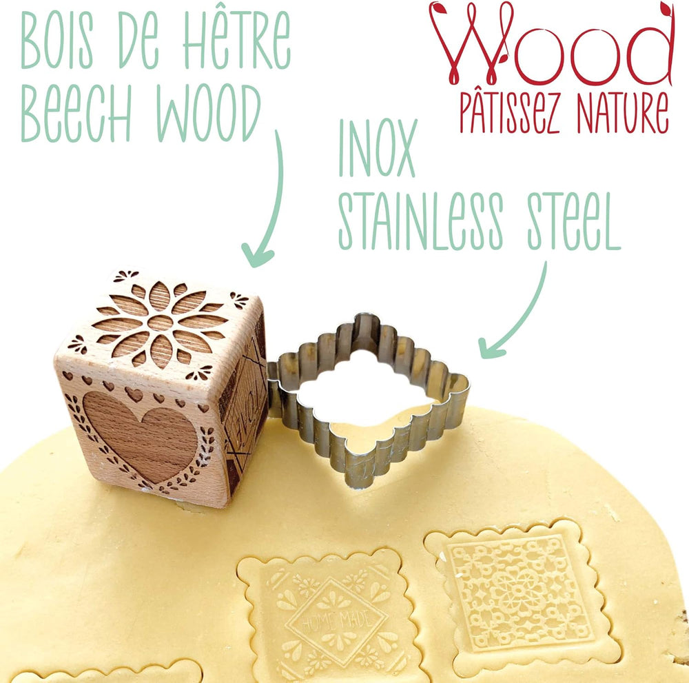 COOKING LEAVES 5139 Tampon décoratif en bois pour pâtisserie, maison avec 1 emporte-pièce, emporte-pièce et cube décoratif en relief sur 5 faces 5139