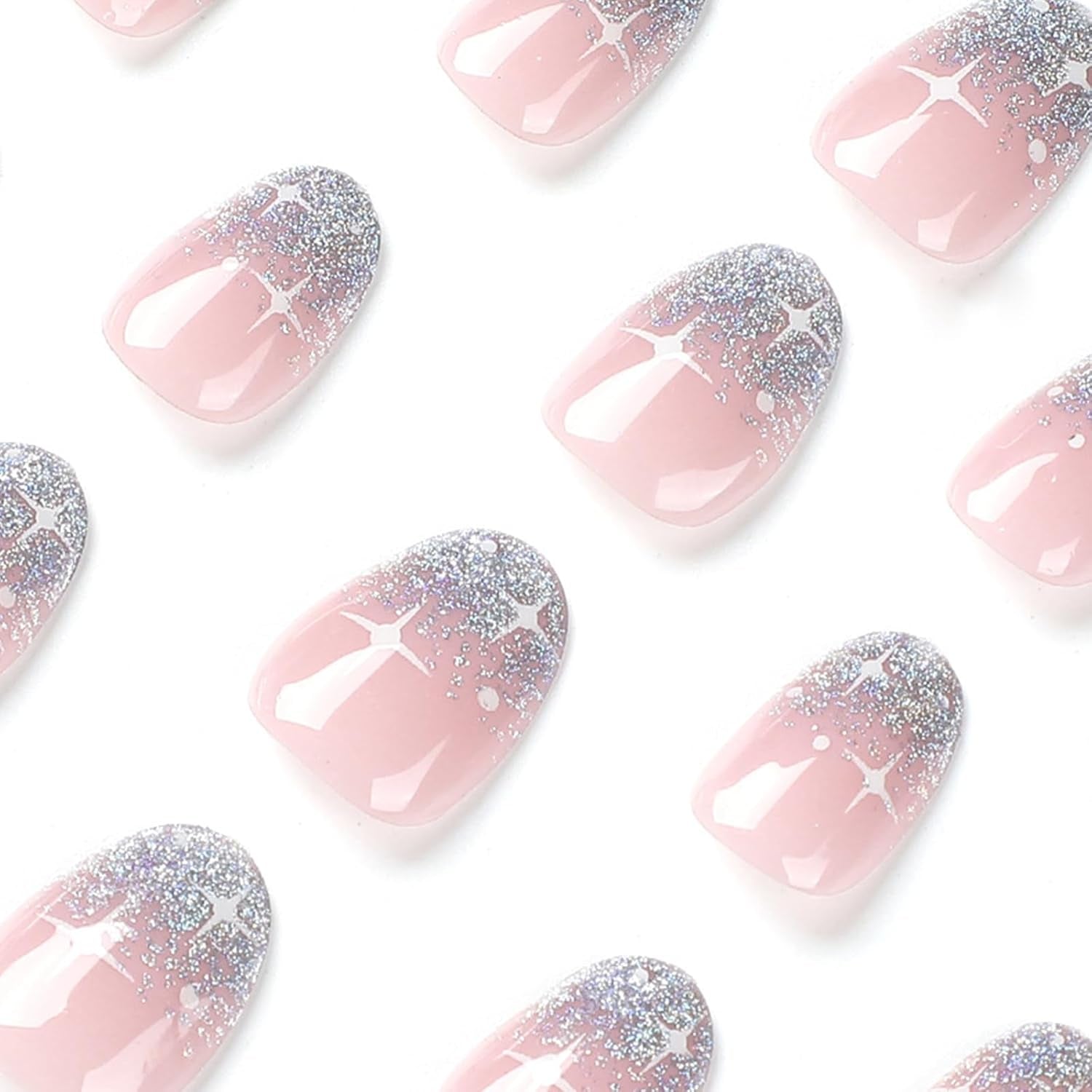 24pcs French Press On Nails Court Brillant Argent Design Ovale Ongles Artificiels Colle Sur Acrylique Brillant Ongles Faux Ongles Pour Femmes Filles