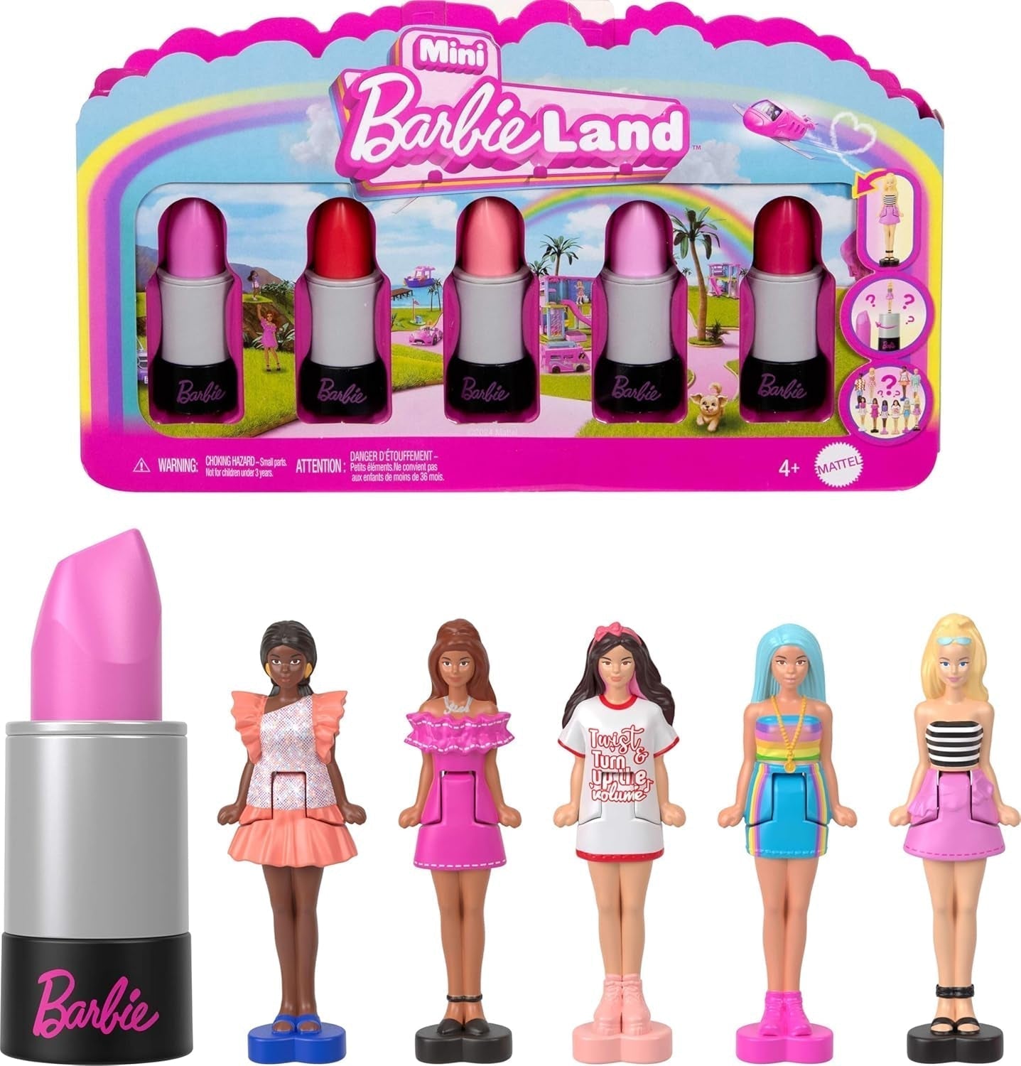 Barbie Mini Barbieland, lot de 5 poupées Fashionistas, env. Mini poupées de 3,8 cm de hauteur dans des manches de rouge à lèvres, ensemble de collection surprise (les styles peuvent varier), JBD26 Naty Shop Dolls 1 paquet