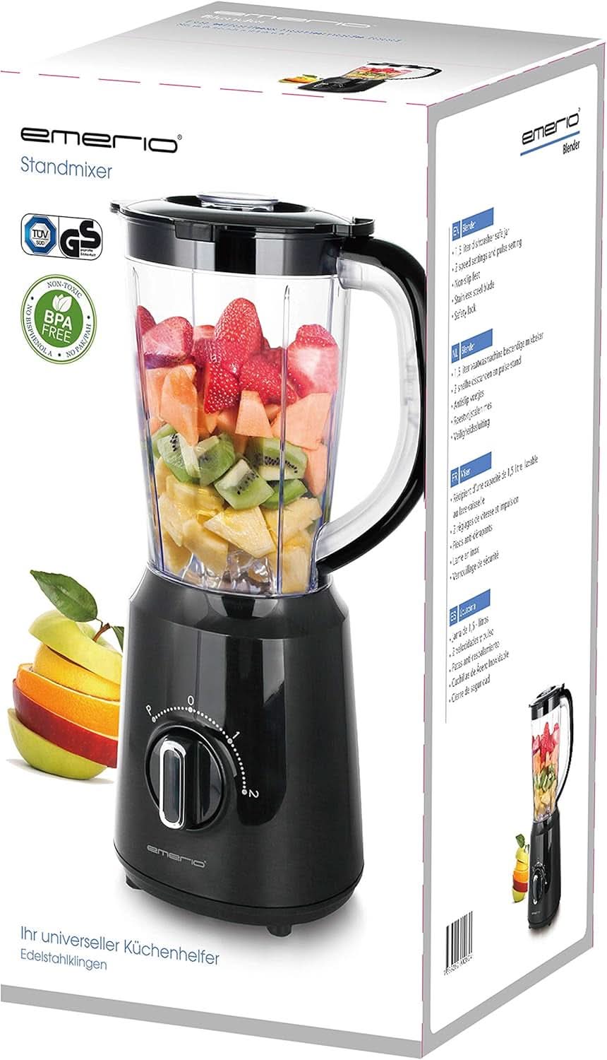Emerio Standmixer BPA Free Crush Ice Function 1.5L Behälter 2 Geschwindigkeiten + Pulse Funktion Messereinheit Aus Edelstahl Sicherheitsschalter Geschirrspülgeeignet 500 Watt BL-12816.8 Schwarz Bucatarie Naty Shop