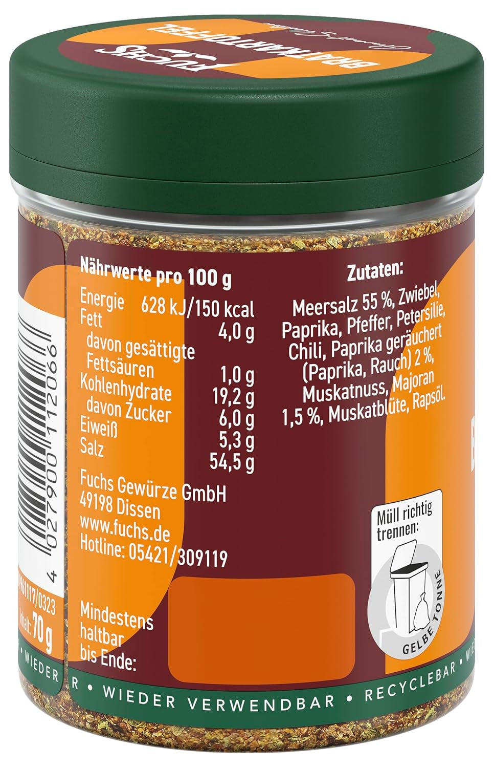 Fuchs Gourmet Selection Klassisch/Heimisch – Bratkartoffel Gewürzsalz, nachfüllbares Kartoffel Gewürz, Salz zum Würzen von Brat- & Ofenkartoffeln, Pommes Frites & Co, végétalien, 70 g