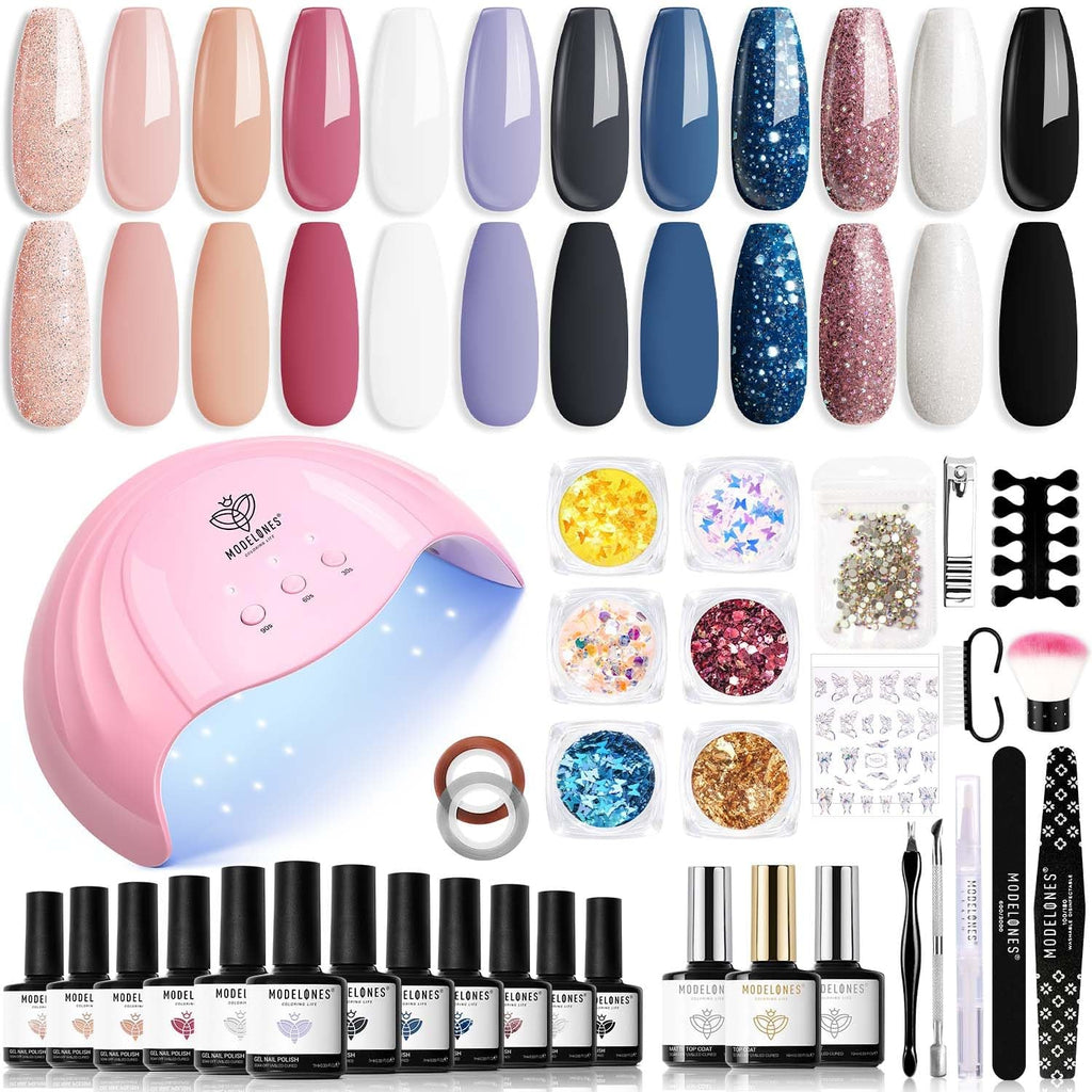 Modelones Set de 35 de bucăți pentru unghii cu gel, Set de ojă UV cu lampă 48W, Set de ojă gel maro nud alb roz, Set de ojă gel UV cu bază top coat Set studio unghii