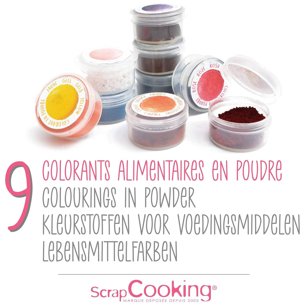 Scrapcooking - Lot de 9 colorants alimentaires en poudre - Bleu, Jaune, Rose, Violet, Orange, Vert anis, Rouge, Rose poudré, Noir - Colorant en poudre comestible pour gâteaux, muffins, macarons - 4270