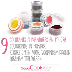 Scrapcooking - Lot de 9 colorants alimentaires en poudre - Bleu, Jaune, Rose, Violet, Orange, Vert anis, Rouge, Rose poudré, Noir - Colorant en poudre comestible pour gâteaux, muffins, macarons - 4270