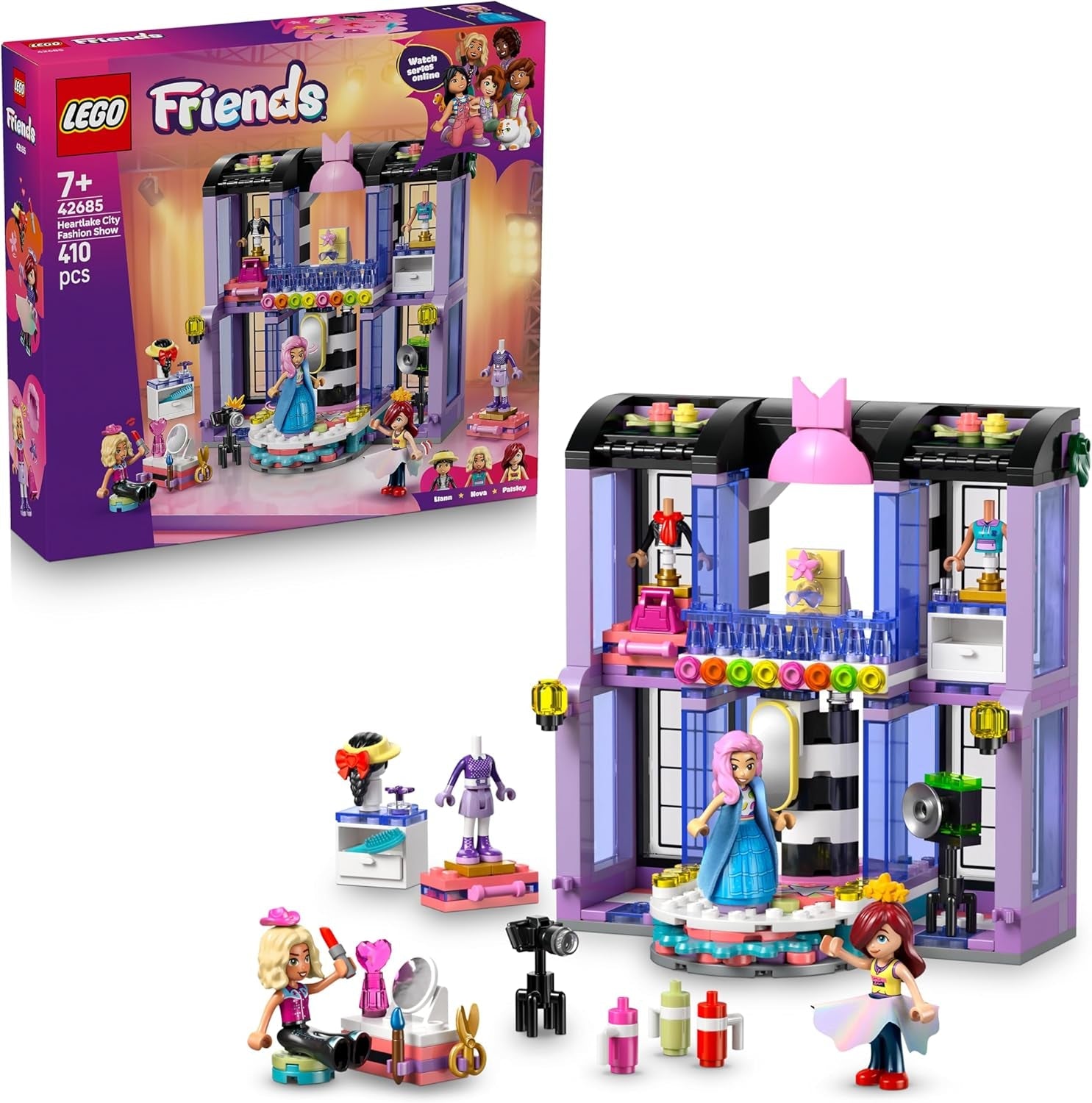 LEGO Friends Modeschau in Heartlake City - Verkleidungsspiel mit 3 Mini Puppen, Laufsteg, anpassbaren Outfits inkl. Rock, Mantel, Hüten & Zubehör - Kreatives Geschenk für Mädchen ab 7 Jahren - 42685