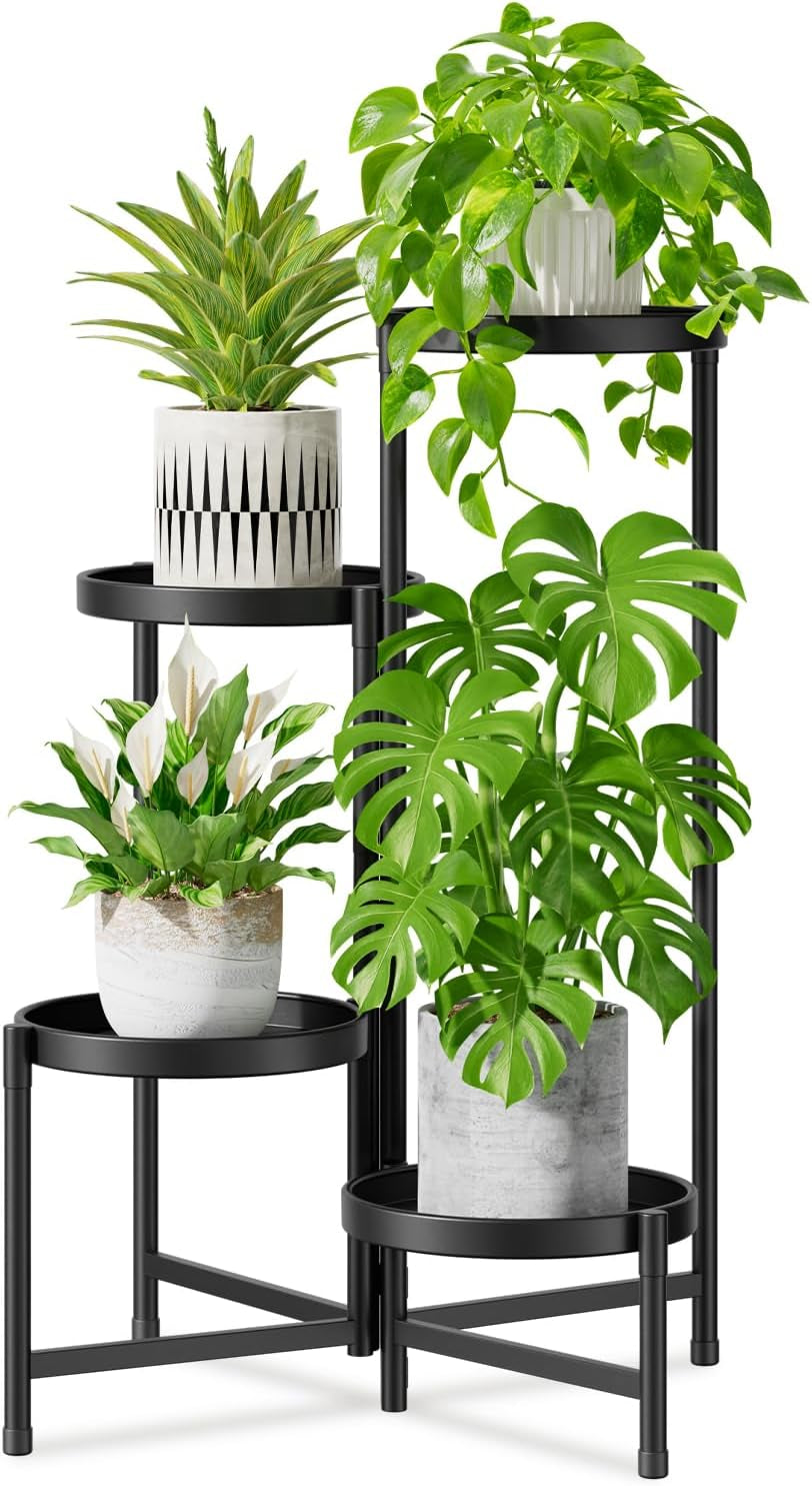 Idavosic.Ly Pflanzenständer Metall Groß Mit 5 Etagen, Blumenständer Pflanzenregal Blumenregal Indoor Outdoor, Faltbar Blumentreppen Innen Plant Stand Shelf Für Garten Balkon Wohnzimmer (Rund, Schwarz)