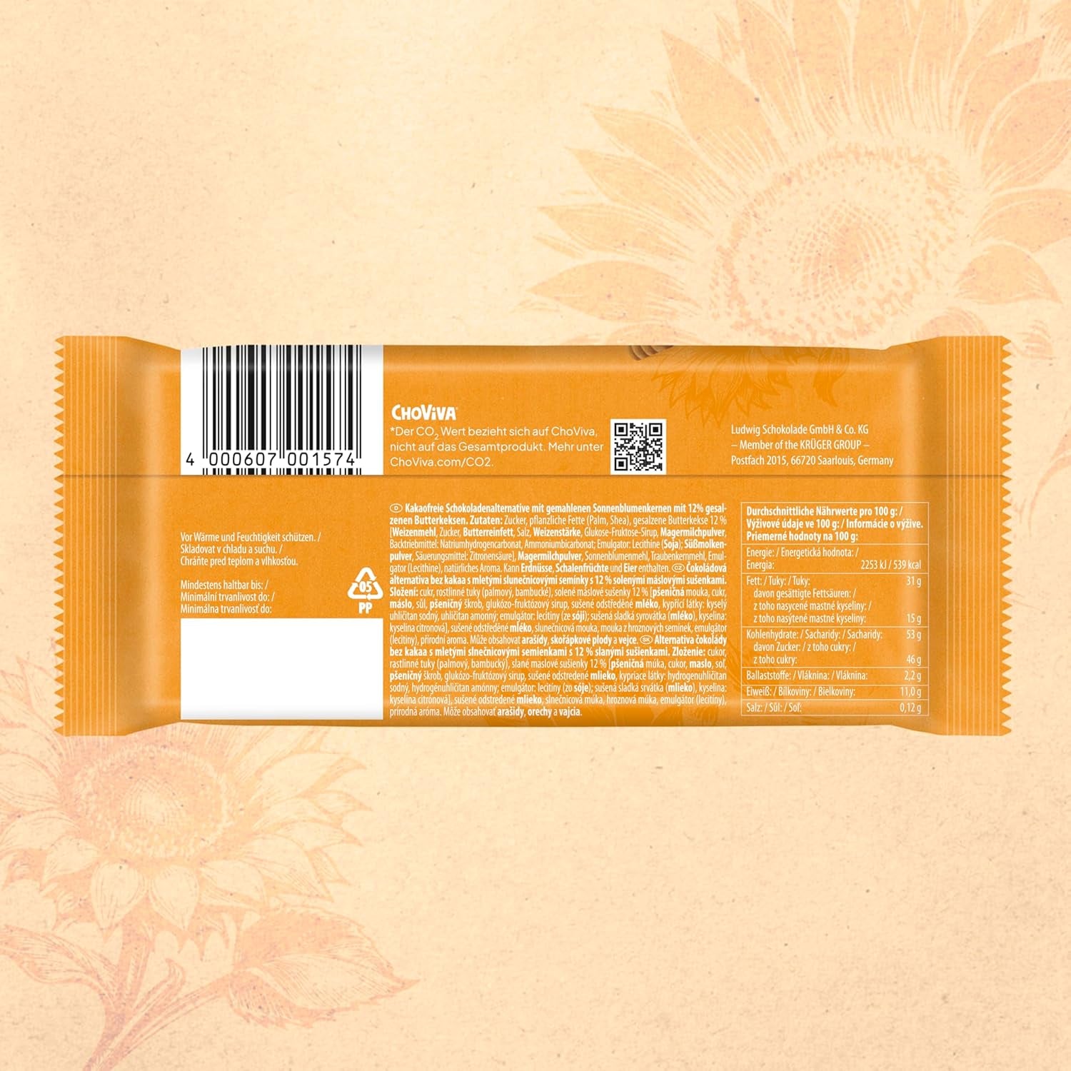 Biscuits au Beurre Salé et ChoViva, barre de 80g, à base de chocolat alternatif aux graines de tournesol