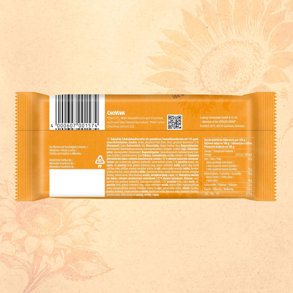 Biscuits au Beurre Salé et ChoViva, barre de 80g, à base de chocolat alternatif aux graines de tournesol